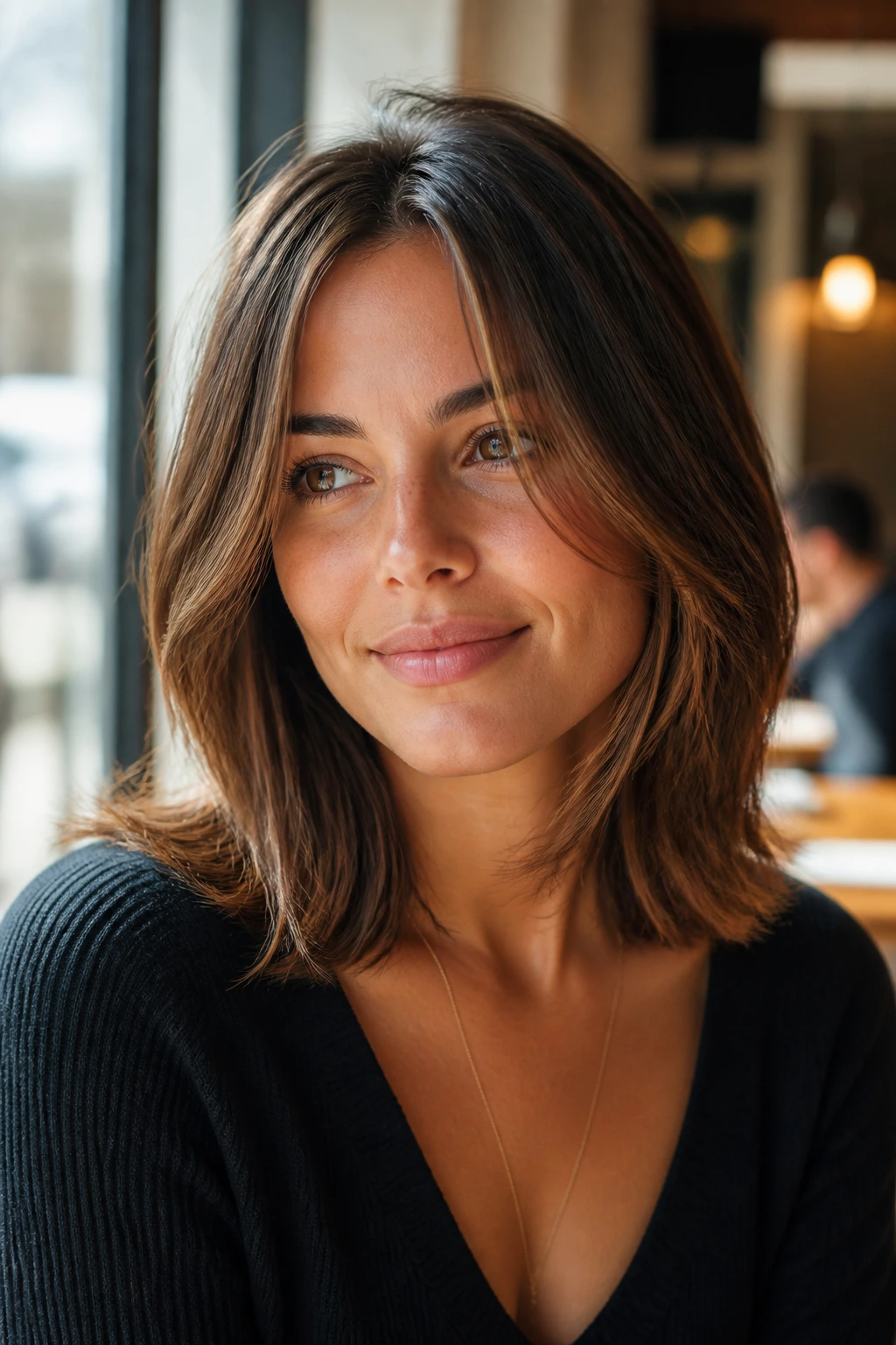Close-up of a person with a mid-length lob and face-framing styling in daylight