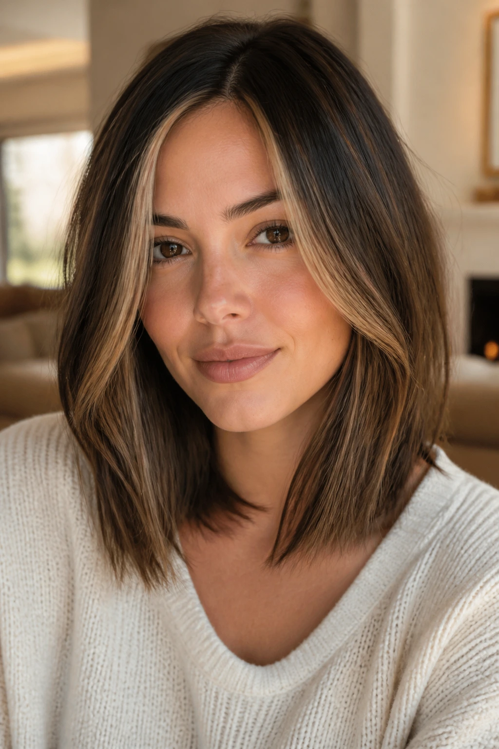 Close-up portrait of a real woman with a shoulder-length lob and subtle highlights in warm window light