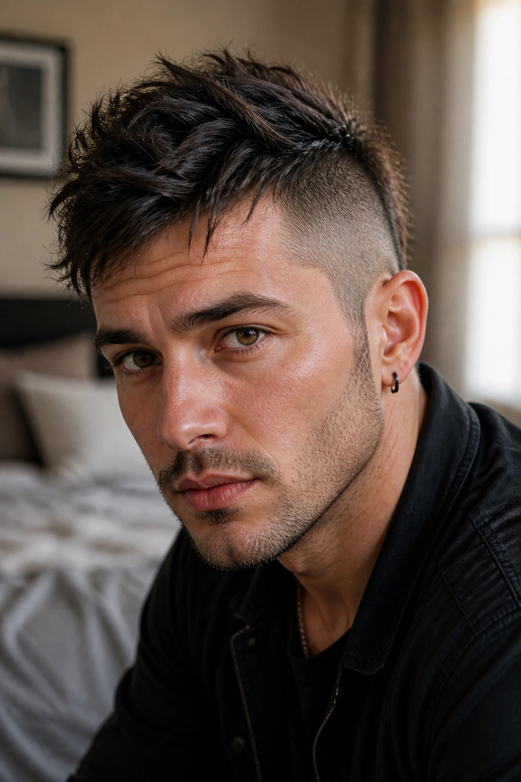 Real person with messy mid-length mohawk, textured roots