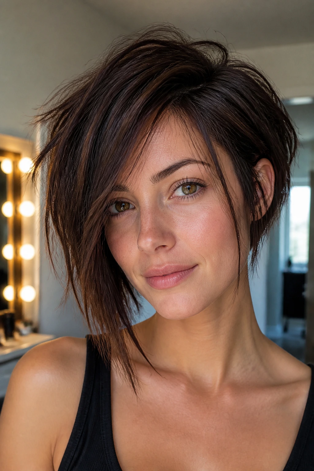 Real person with mid-length choppy pixie-lob hairstyle in dressing room light