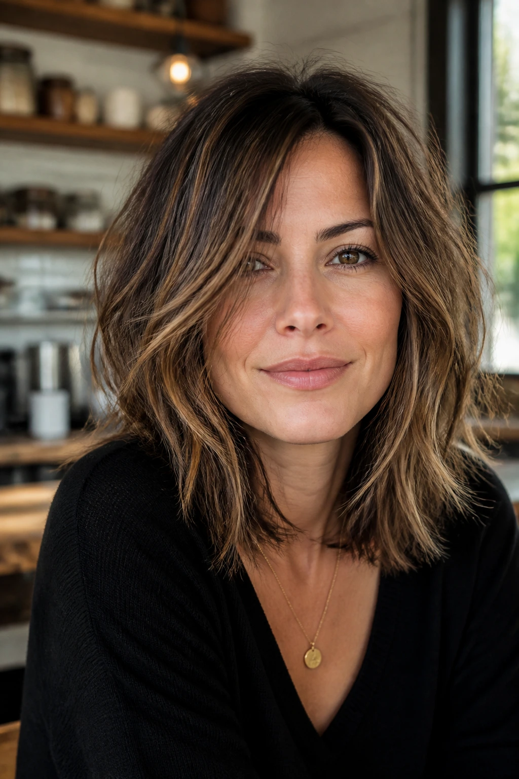 Shoulder-length portrait of a woman with a messy razor lob