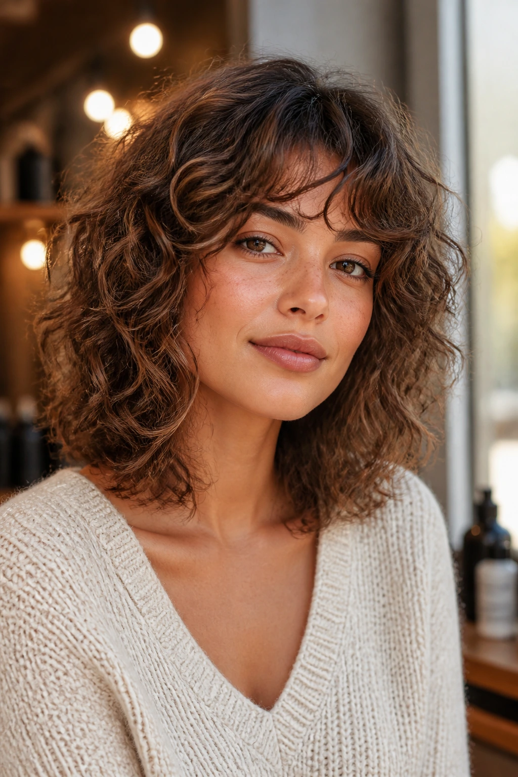 Close-up portrait of a real person with a collarbone-length mid-length shag featuring face-framing curls in warm natural light