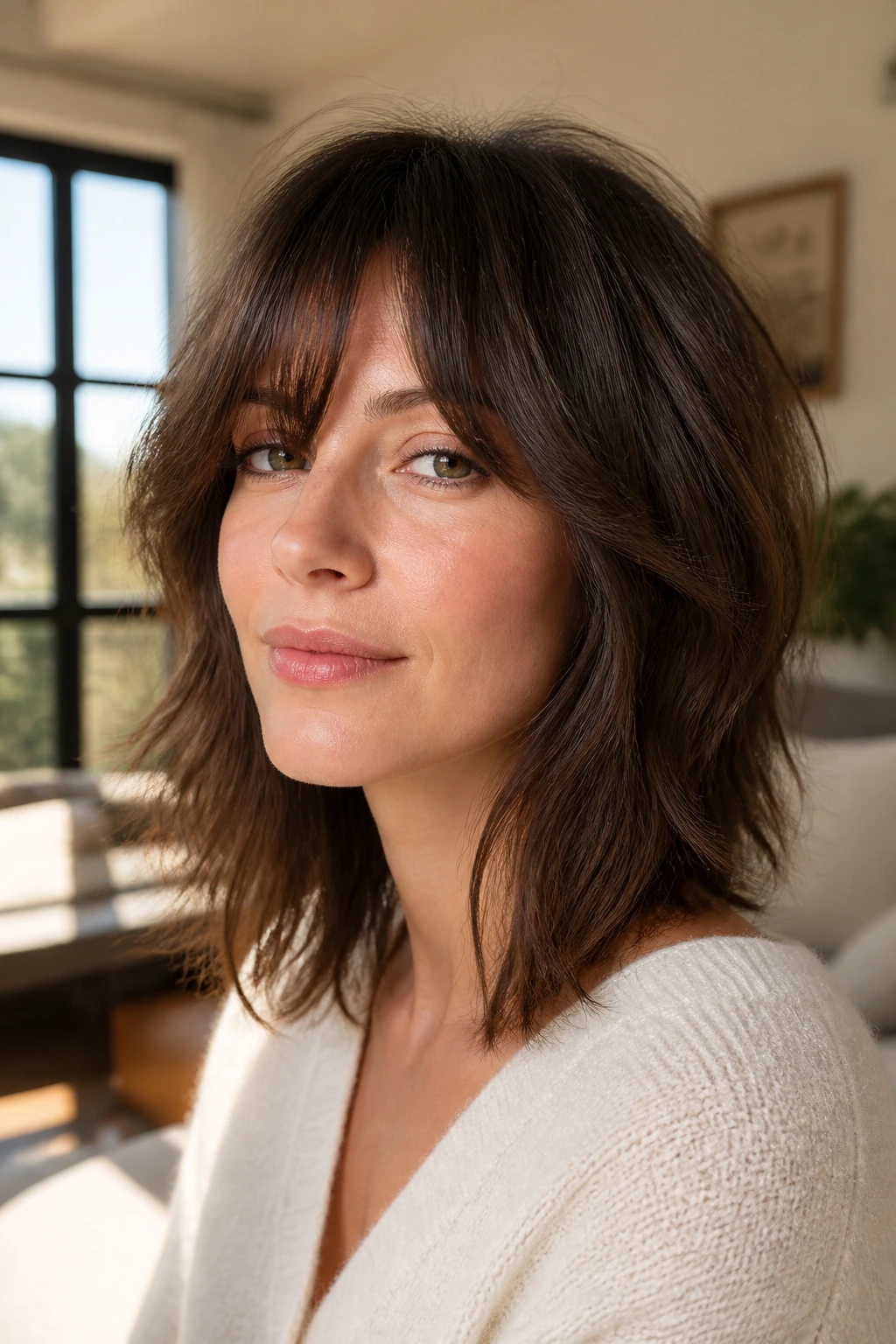 Real woman with mid-length shag and curtain bangs, soft daylight