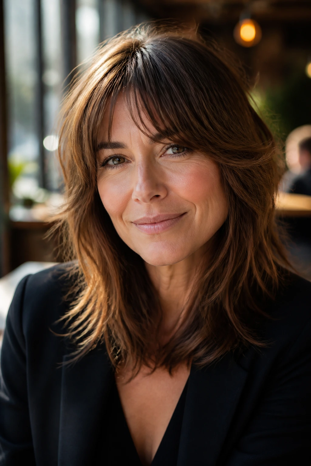 Close-up of a woman with curtain bangs and mid-length shag in a cafe-like workspace