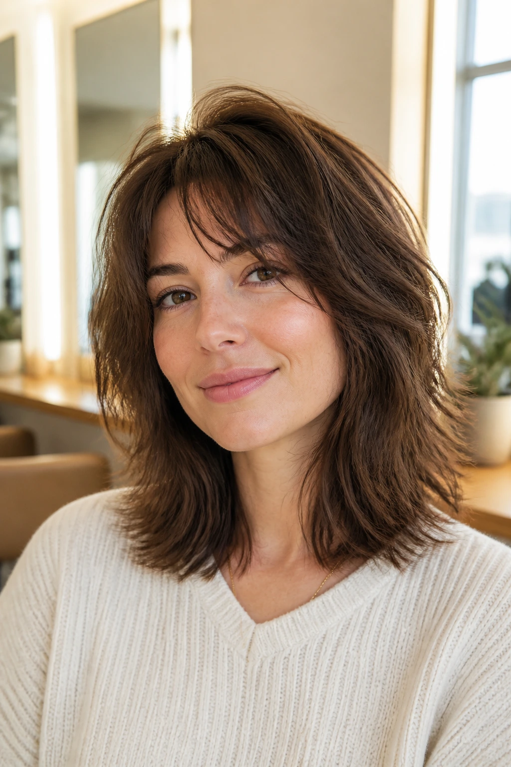 Close-up of a woman with mid-length shag showing internal layers for volume