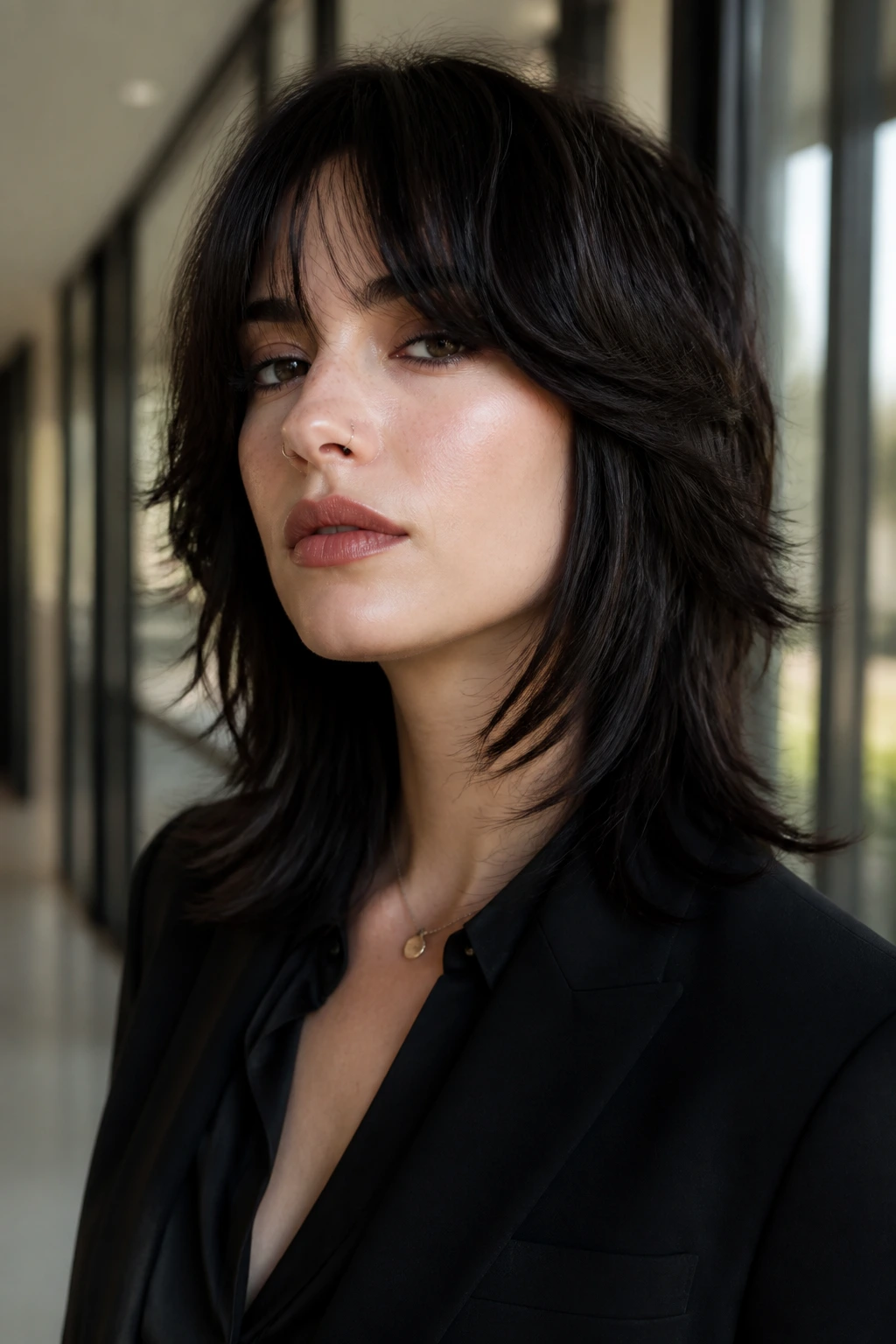 Portrait of a person with a sharp mid-length shag in an office corridor.