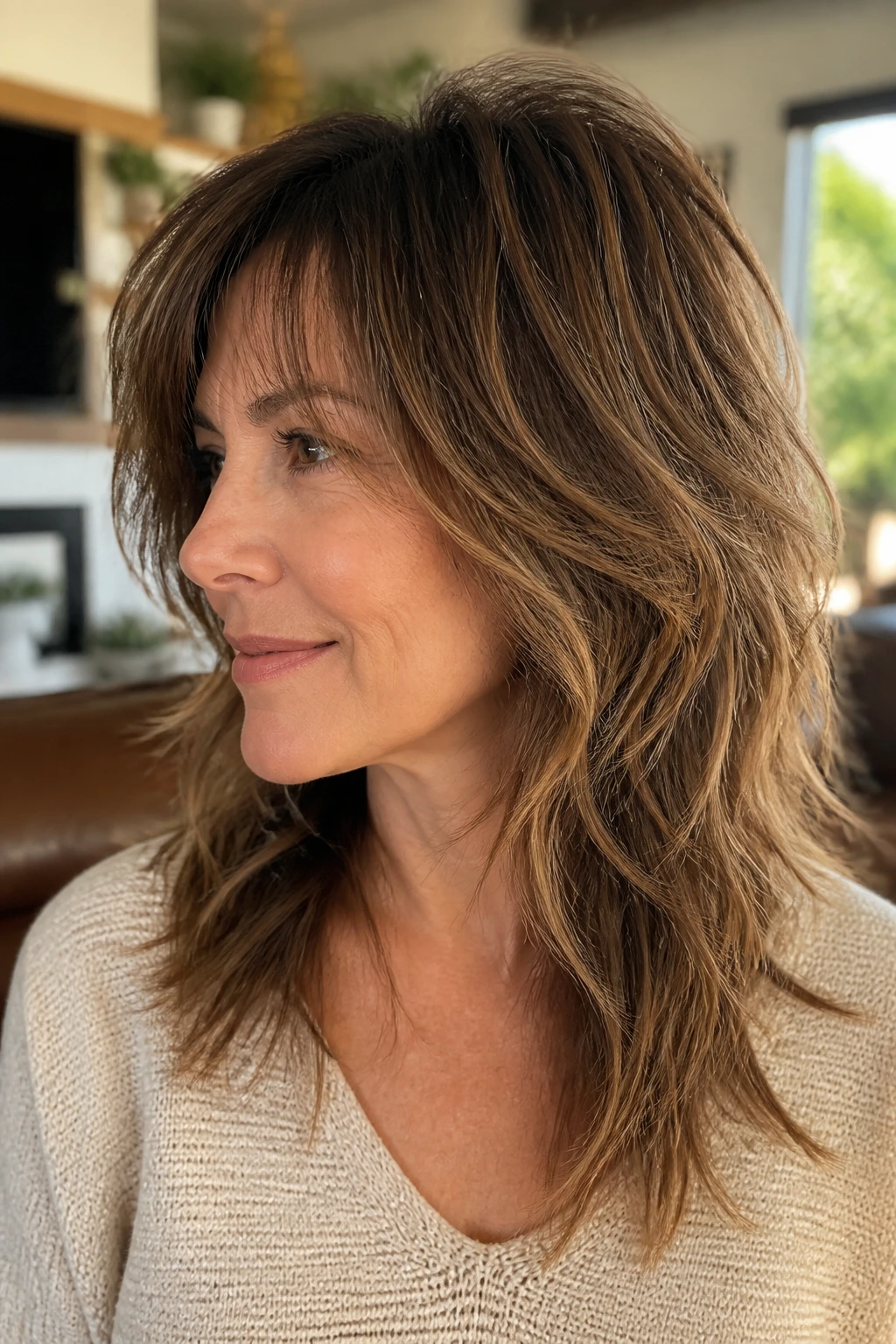 Close-up of a real woman with mid-length shag and long layers in a sunlit living room.