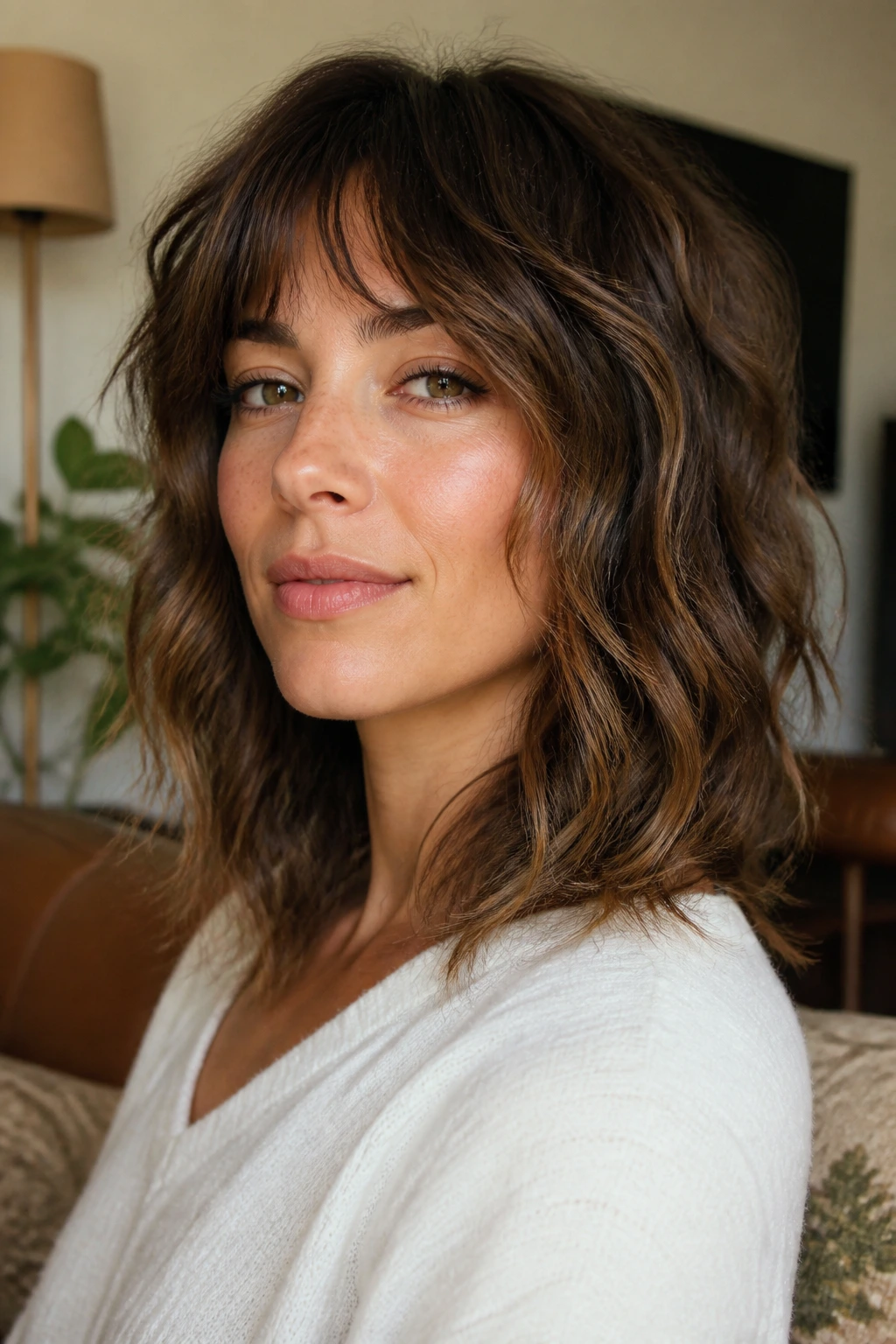 Close-up portrait of a real woman with a mid-length wavy shag that frames the jaw