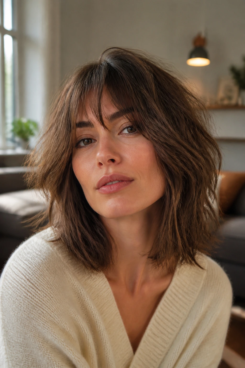 Close-up of a real woman with a mid-length shaggy bob and soft layers in warm natural light