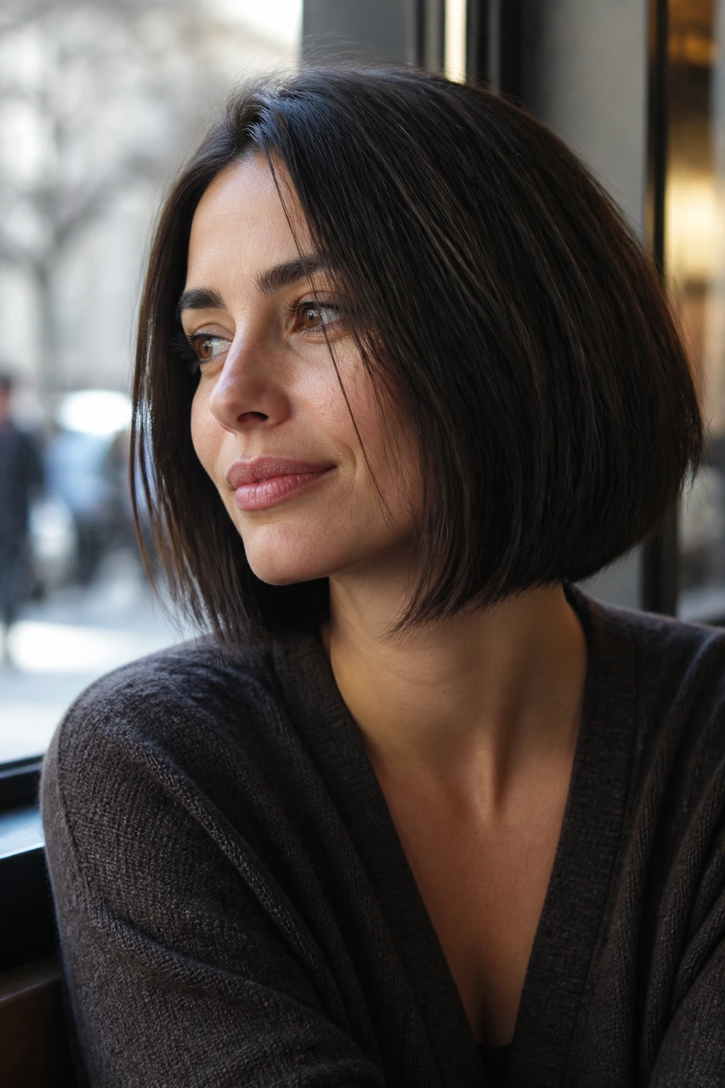 Close-up portrait of a real woman with a mid-neck length bob in natural daylight