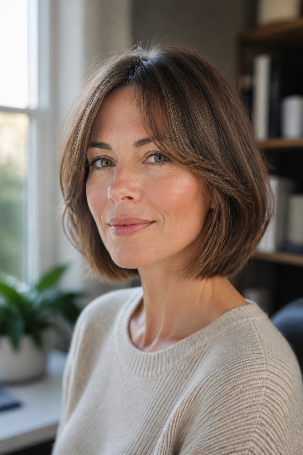 Woman with mid-neck bob and subtle curtain bangs in natural daylight