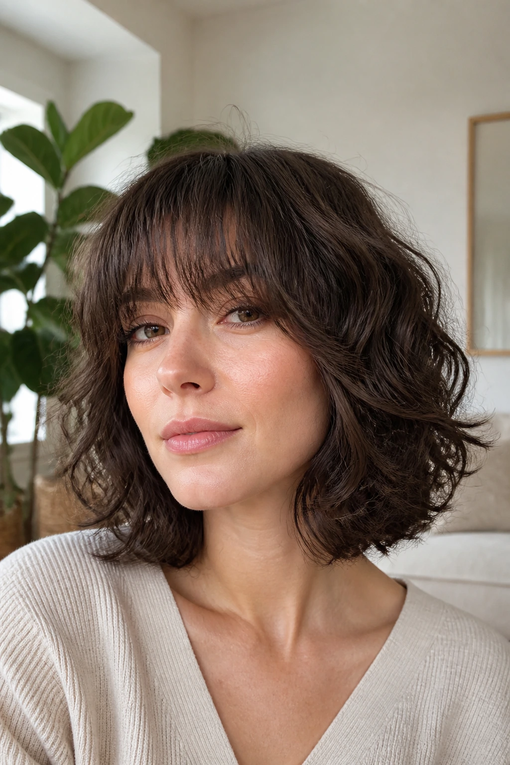 Close-up of a real woman with a mid-neck layered curly bob and bangs touching the eyelashes