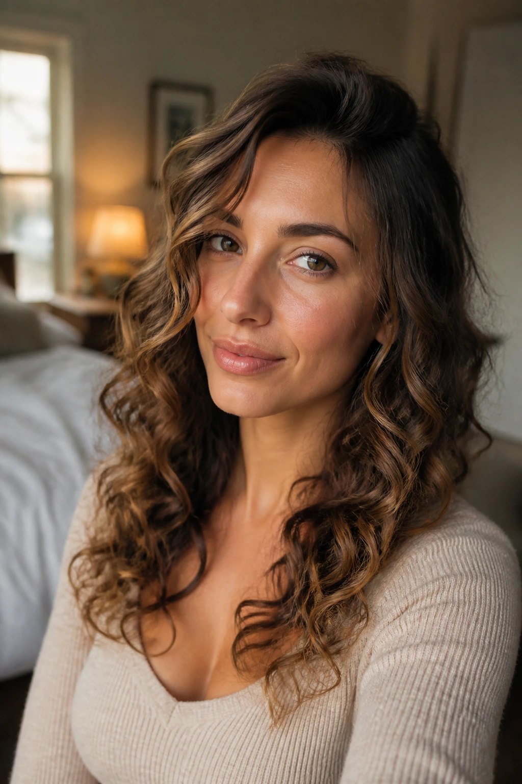 Close-up of a real woman with mid-shaft pivot curls starting at eye level, warm window light.
