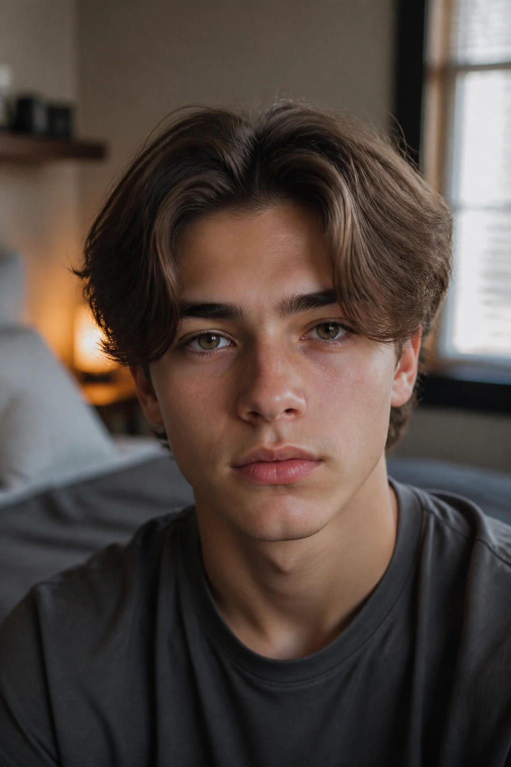 Teen with middle-part curtains hairstyle in bedroom