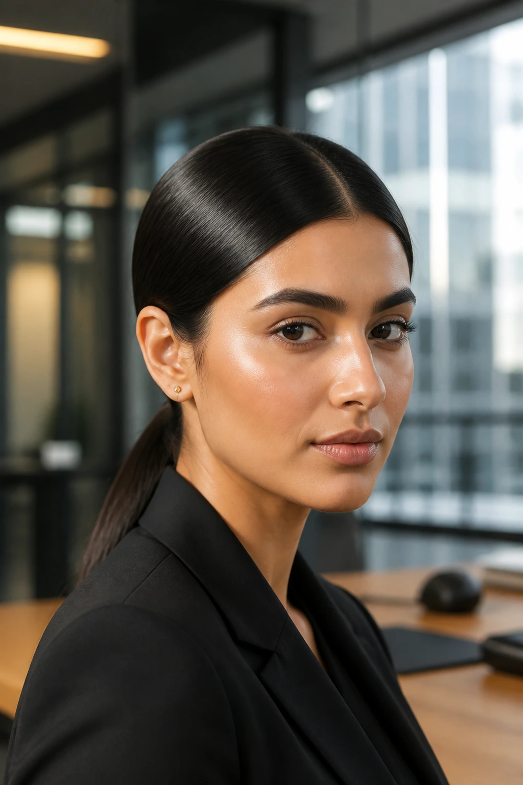 Close-up of a real woman with a crisp middle part and low ponytail in a sunny office