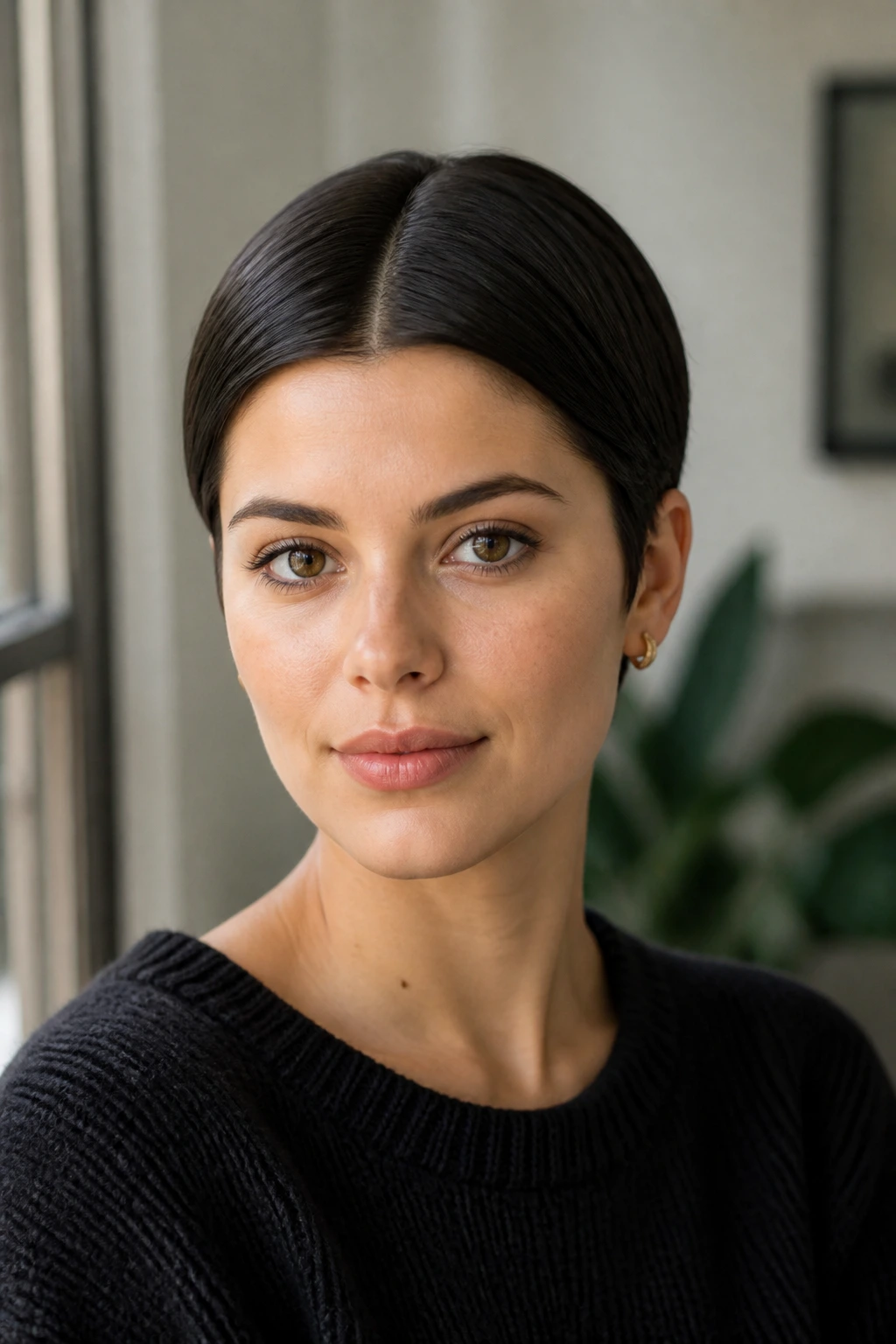 Portrait of a real person with a precise middle-part pixie