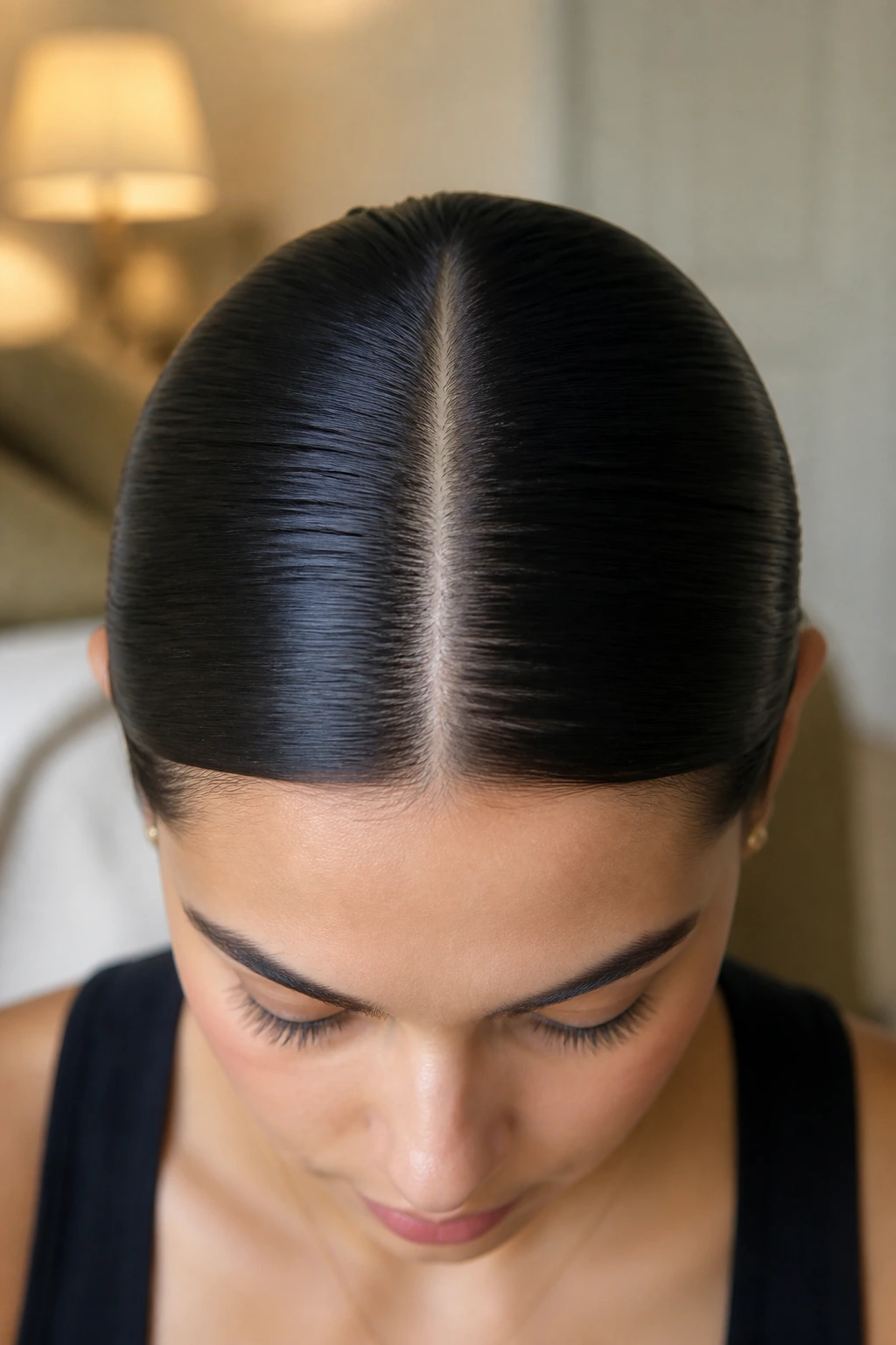 Close-up of a real woman with a pin-straight middle part.