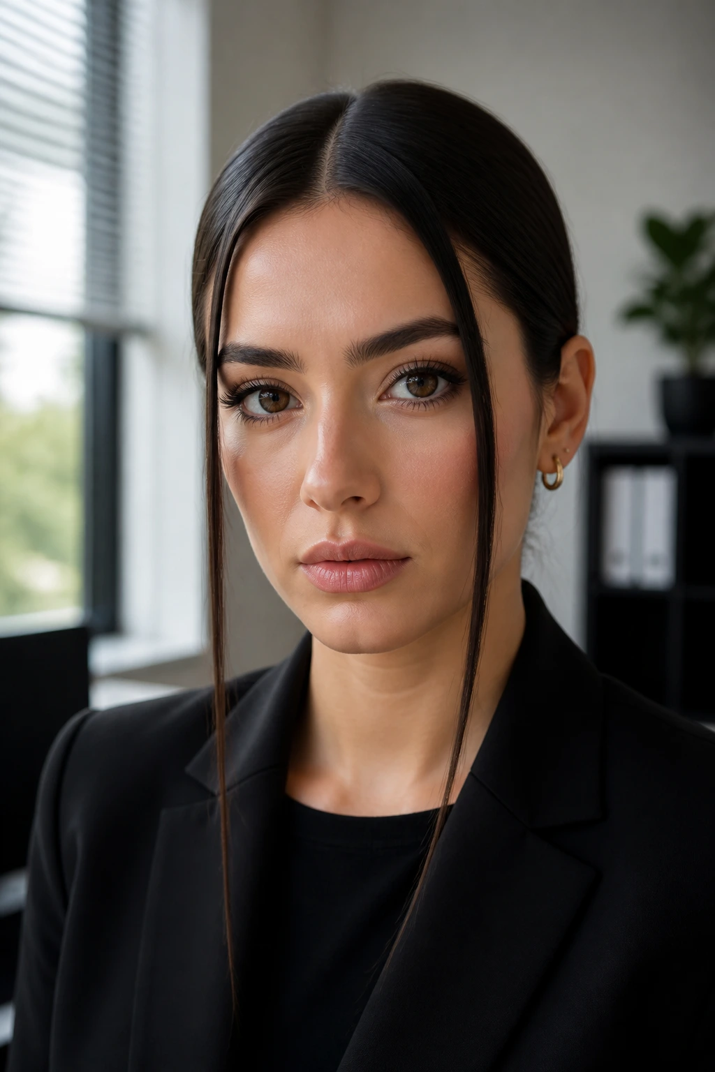 Portrait of a woman with a pin-straight middle part and face-framing tendrils