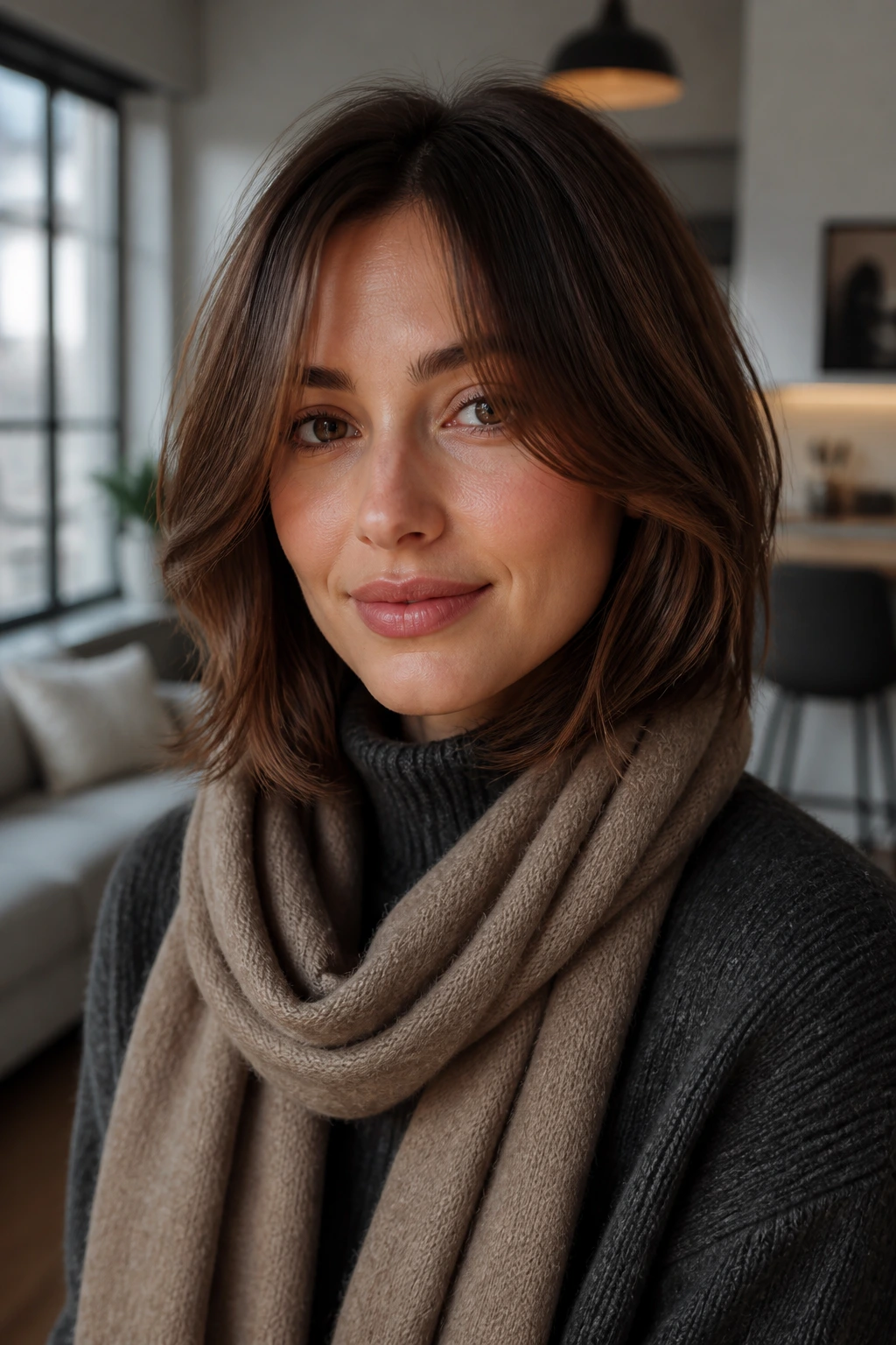 Medium close-up of a real woman with a midi-cut and face-framing layers