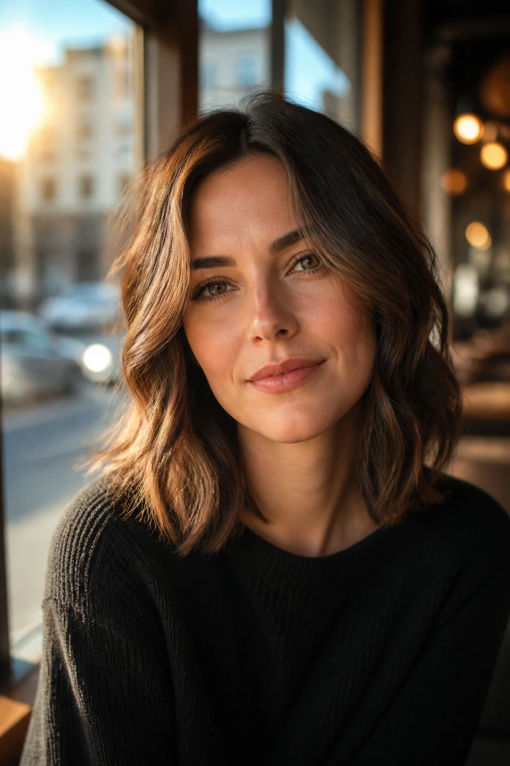 Close-up of a real person with a midi cut and soft face-framing waves in cafe light
