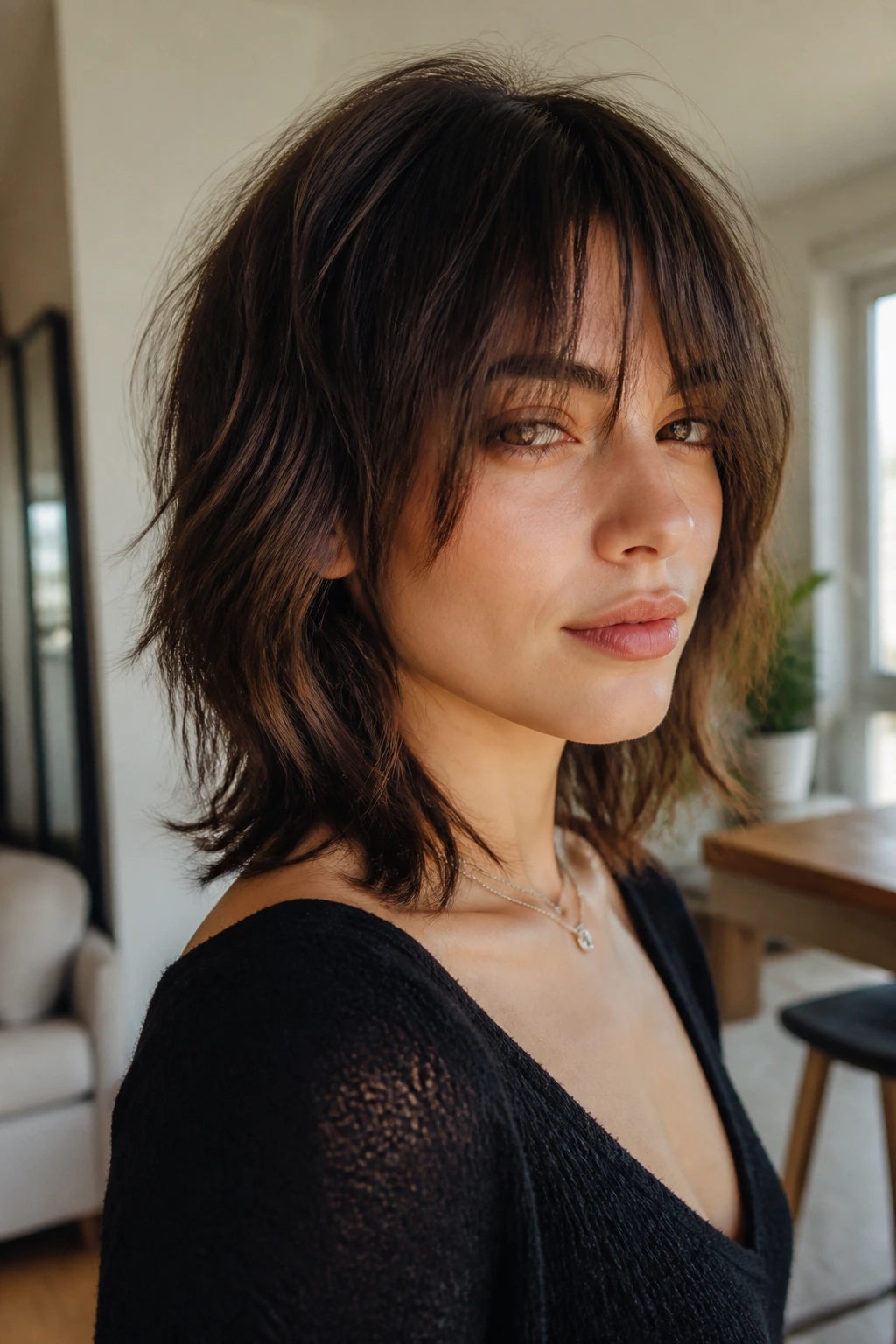 Medium close-up of a real person with midi-length shag reaching the collarbone.