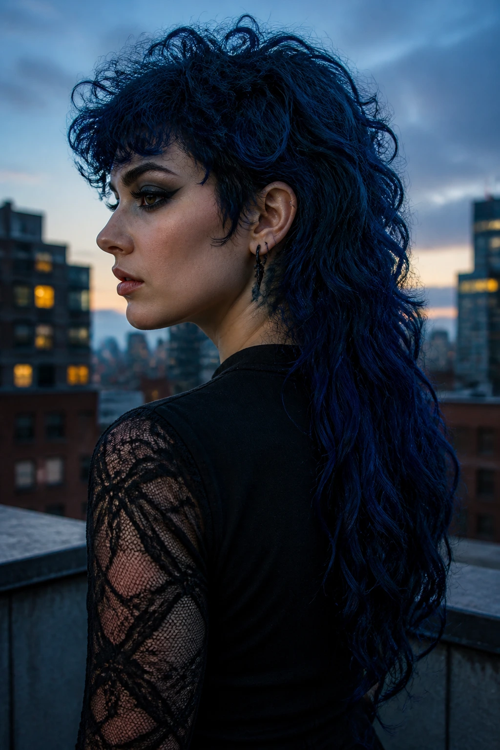 Portrait of a person with a midnight blue curly mullet