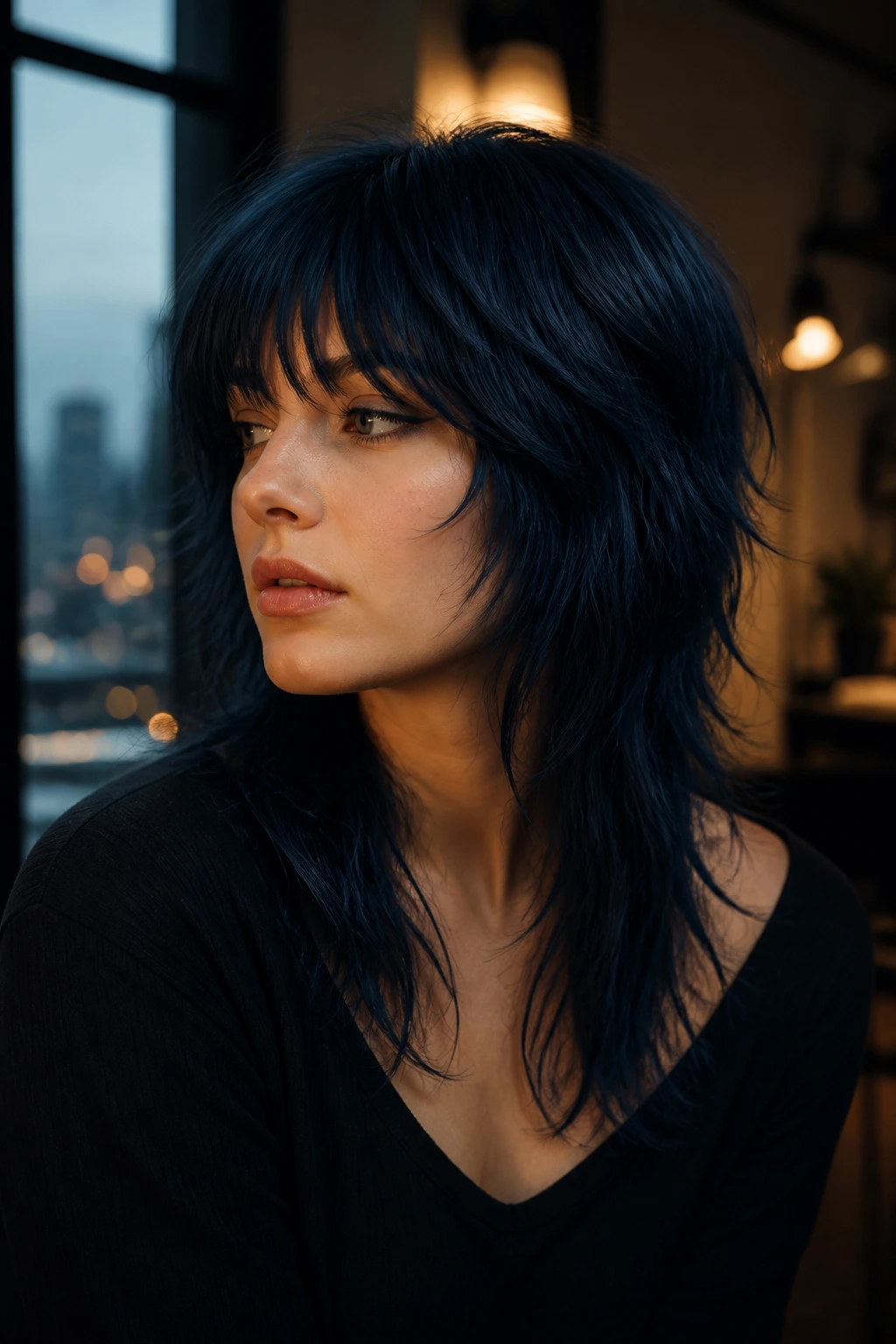 Close-up of a woman with midnight blue razor-cut shag and feathered bangs