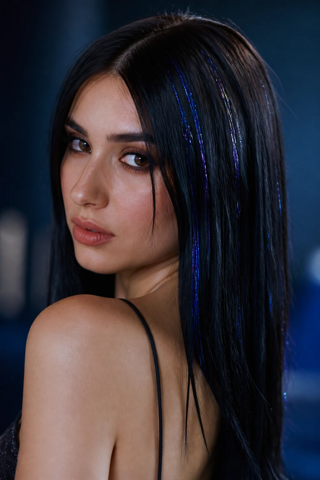 Portrait of a person with midnight blue tinsel sparks in sleek black hair under moody lighting