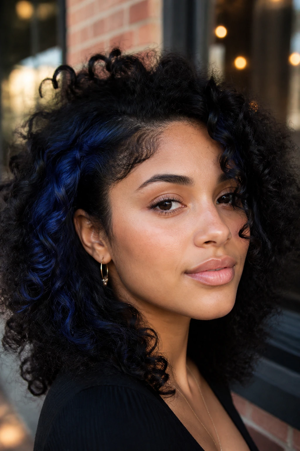 Close-up of a real person with deep navy streaks in dark curls, head-and-shoulders.