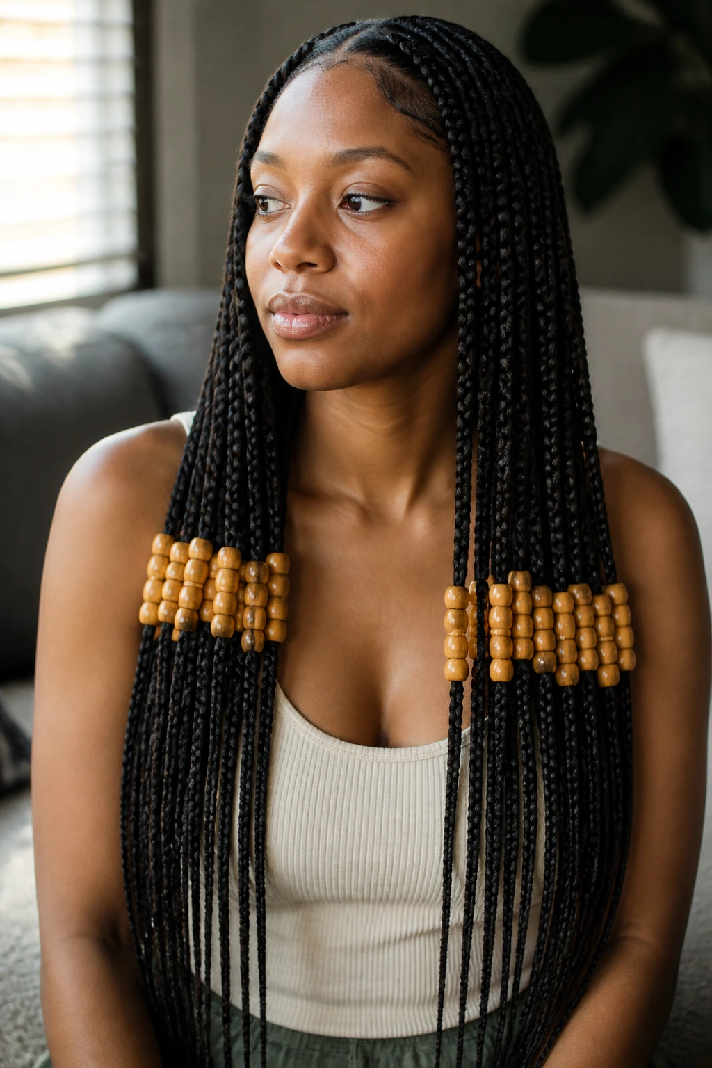 Close-up of a real person showing beads placed at the mid-point of long braids
