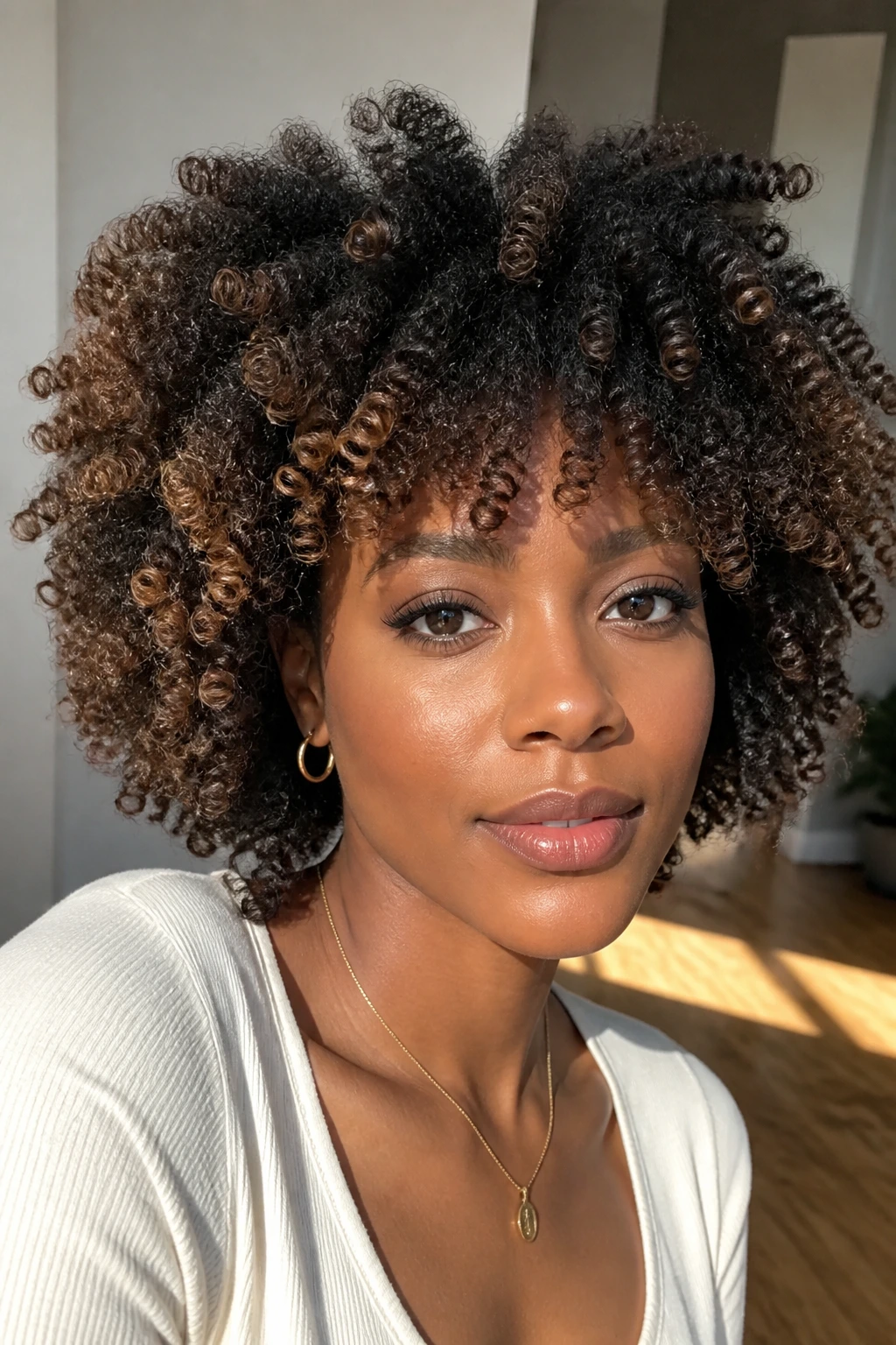 Close-up portrait of a real woman with milk chocolate balayage on fluffy 4B coils.