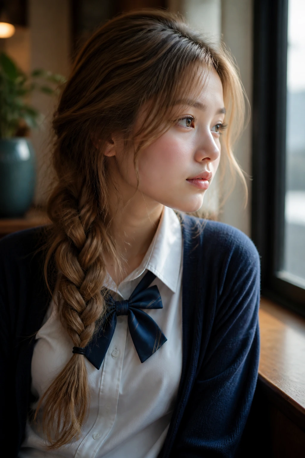Close-up of a real student with a side braid along the shoulder in cafe light