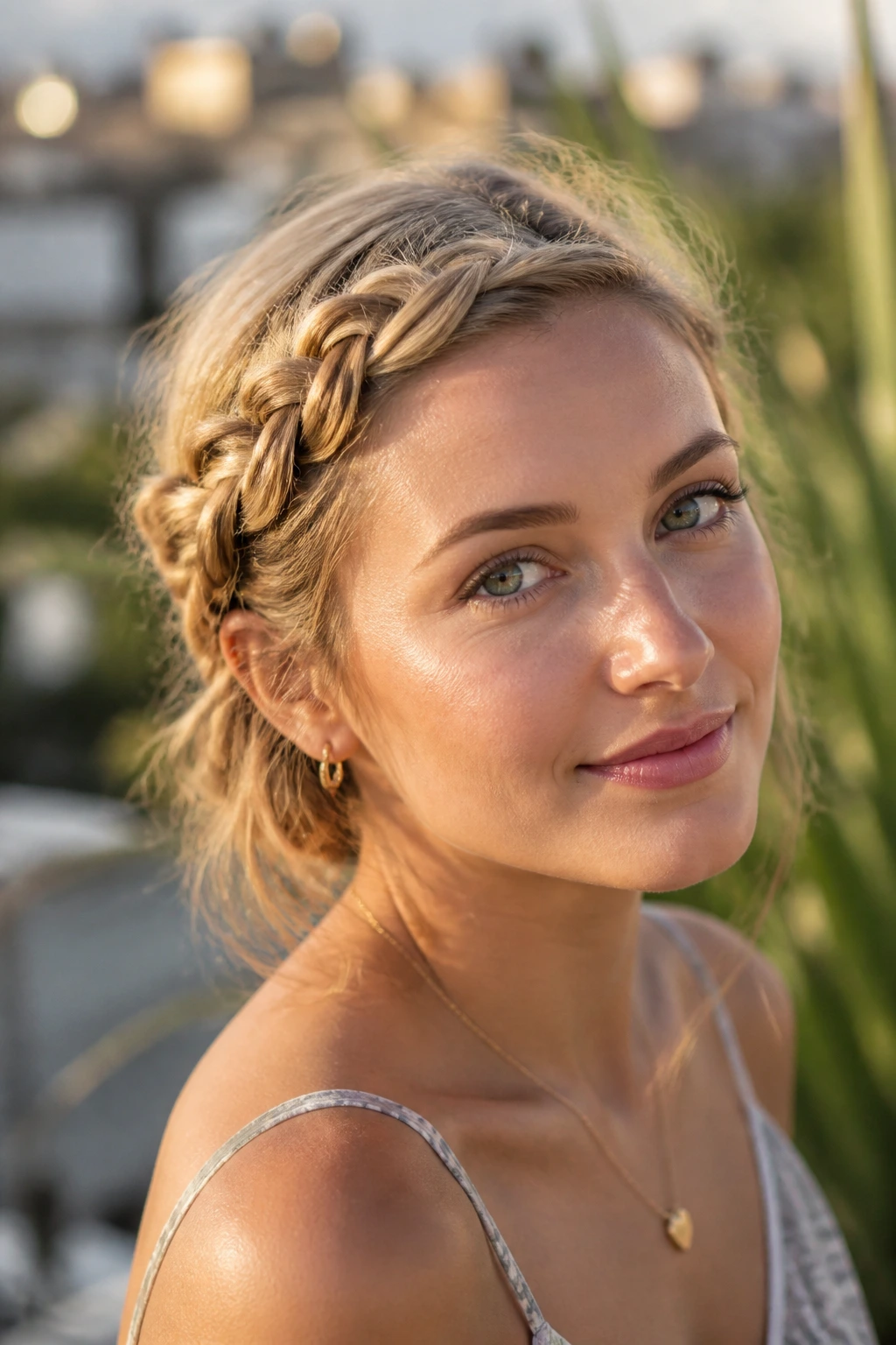 Real woman with milkmaid side braid arching across the head