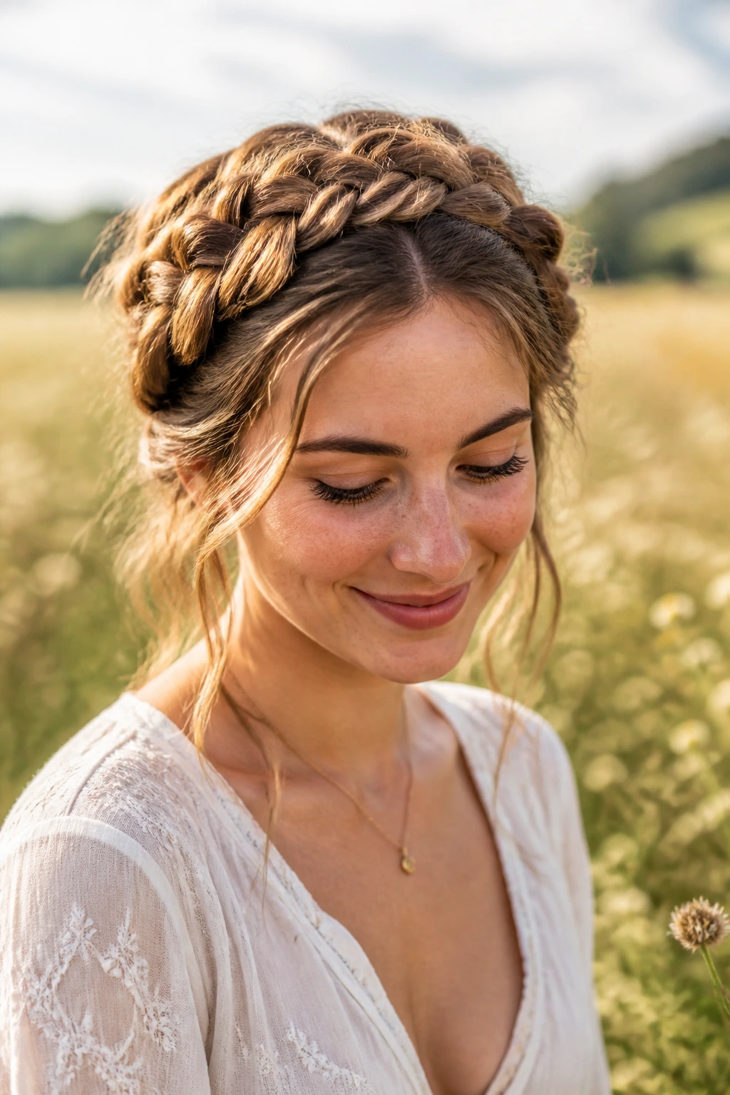 Portrait of a woman wearing two milkmaid braids across the crown outdoors