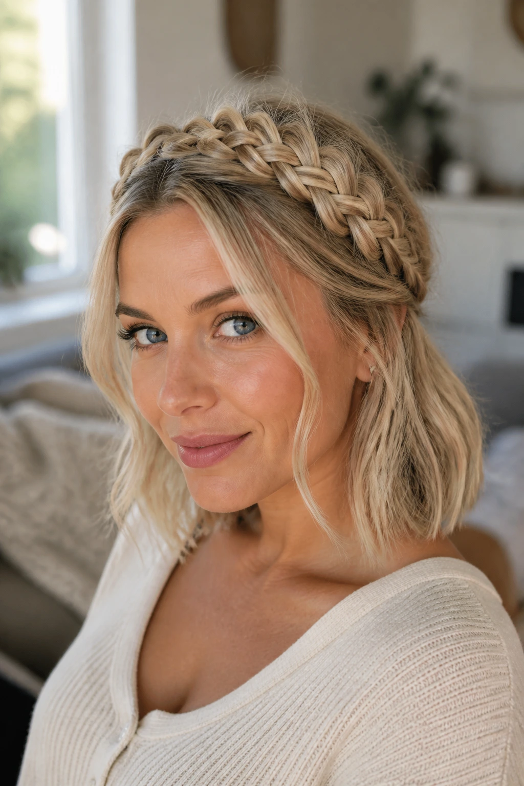 Close-up of a real woman with two milkmaid braids forming a crown in natural light