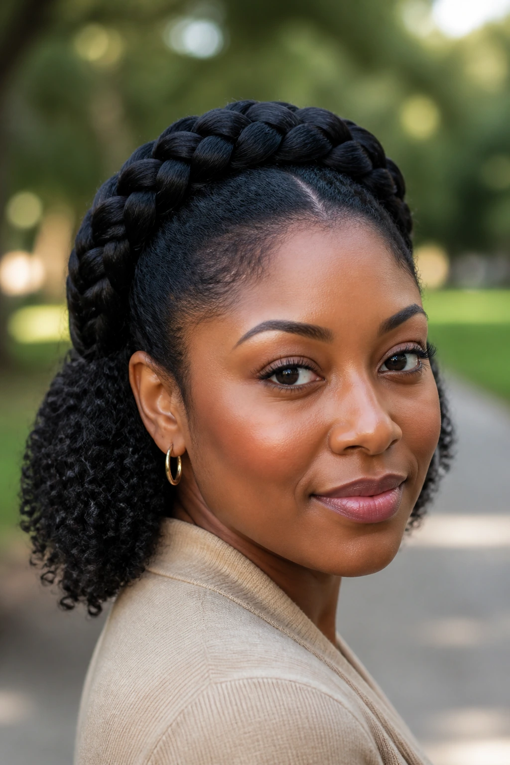 Close-up of a woman with a milkmaid braid crown on textured hair in park daylight