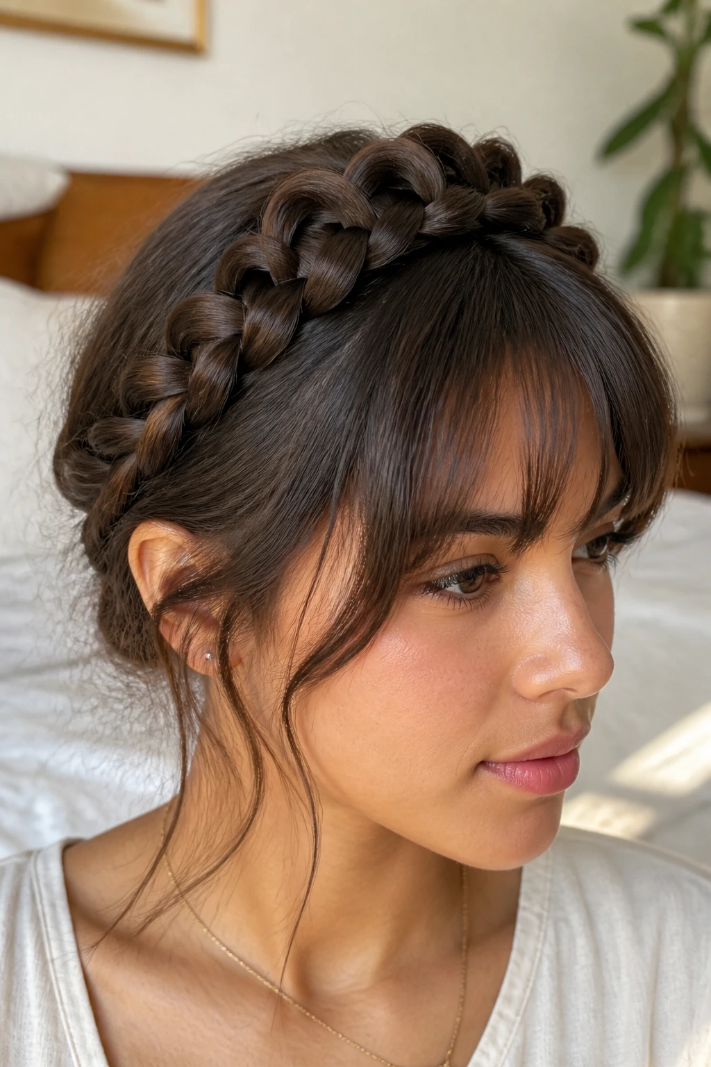 Close-up of half-crown milkmaid braid pinched for volume on a real woman