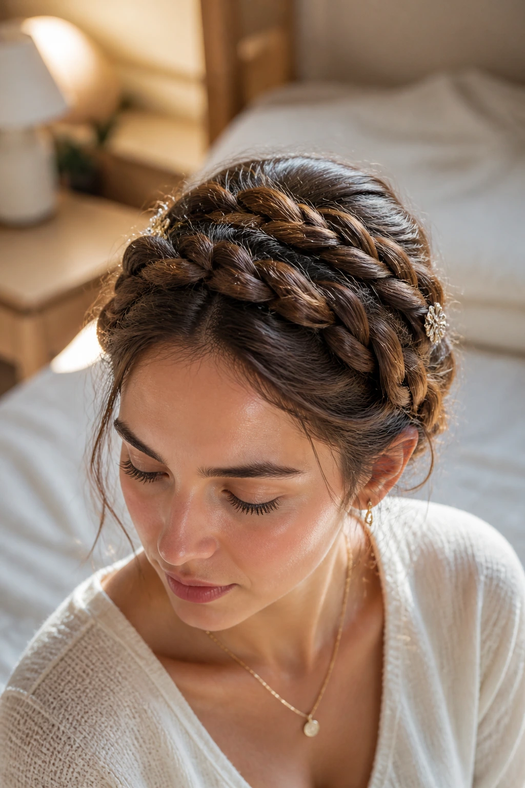 Head-and-shoulders portrait of a real woman with two loose milkmaid braids crossing over the crown.