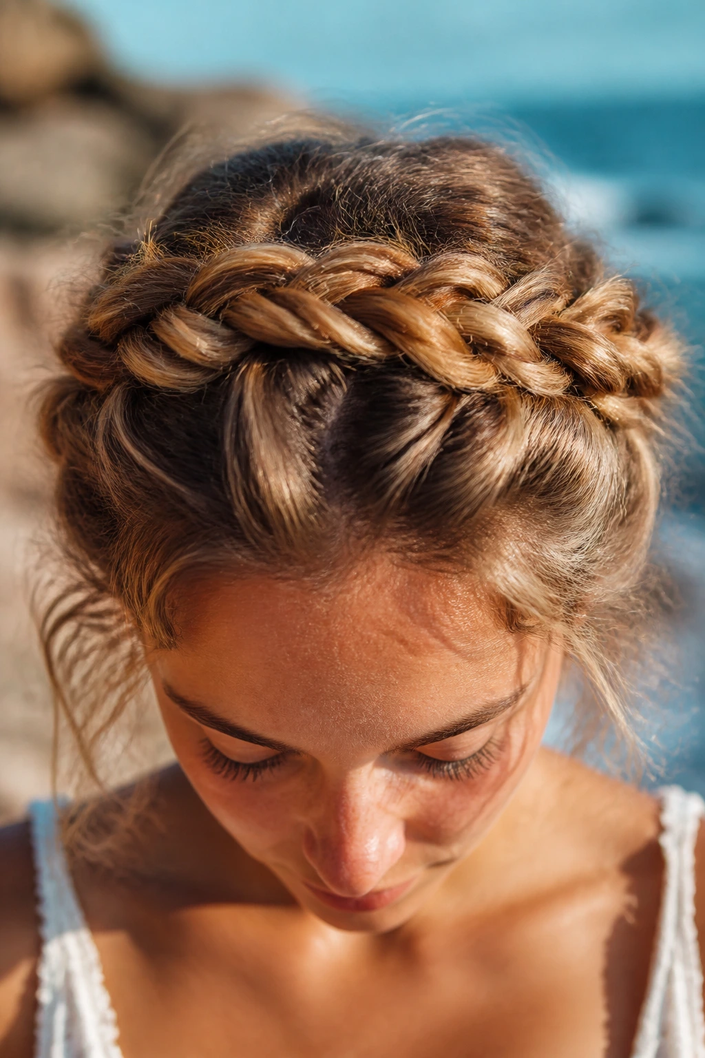 Top view of a real person with two braids across the top of the head