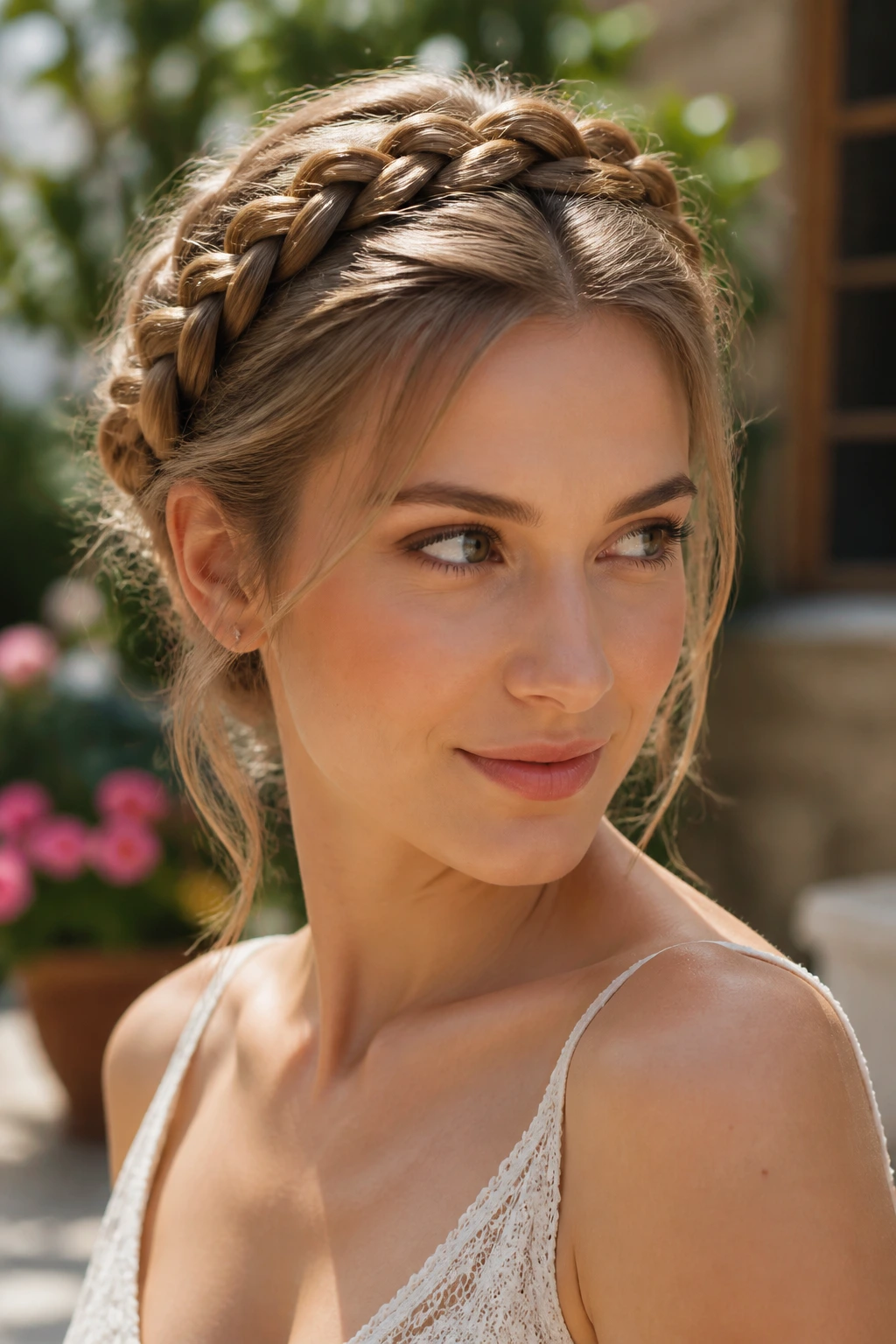 Close-up portrait of a real person with two loose milkmaid braids over the crown.