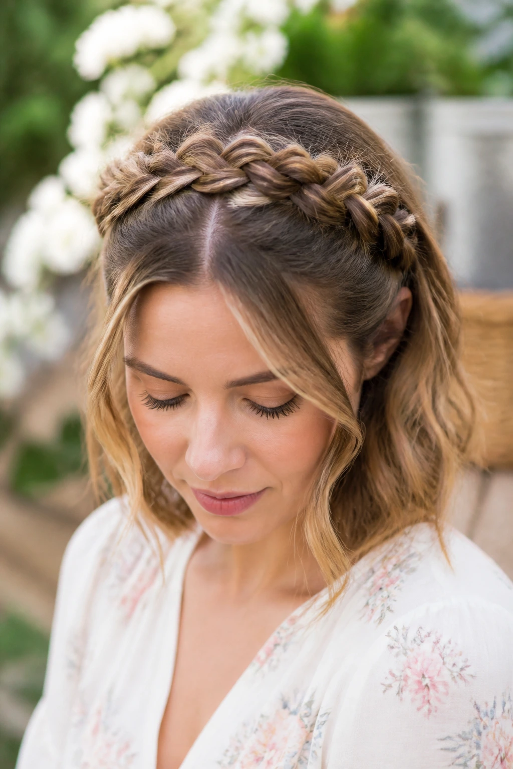 Close-up of a real woman with milkmaid braids forming a headband