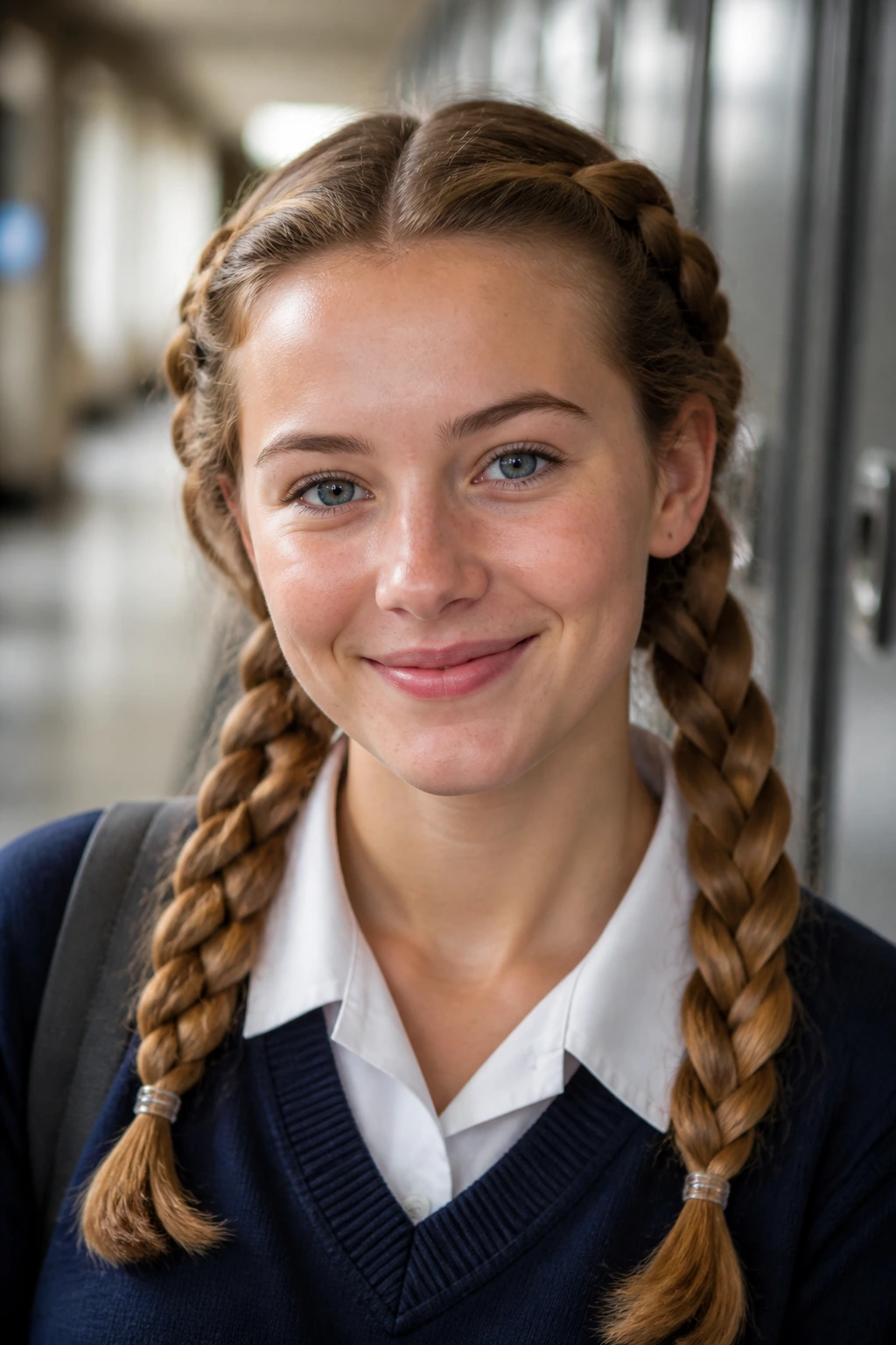 Close-up of a real student with classic milkmaid braids in a school hallway