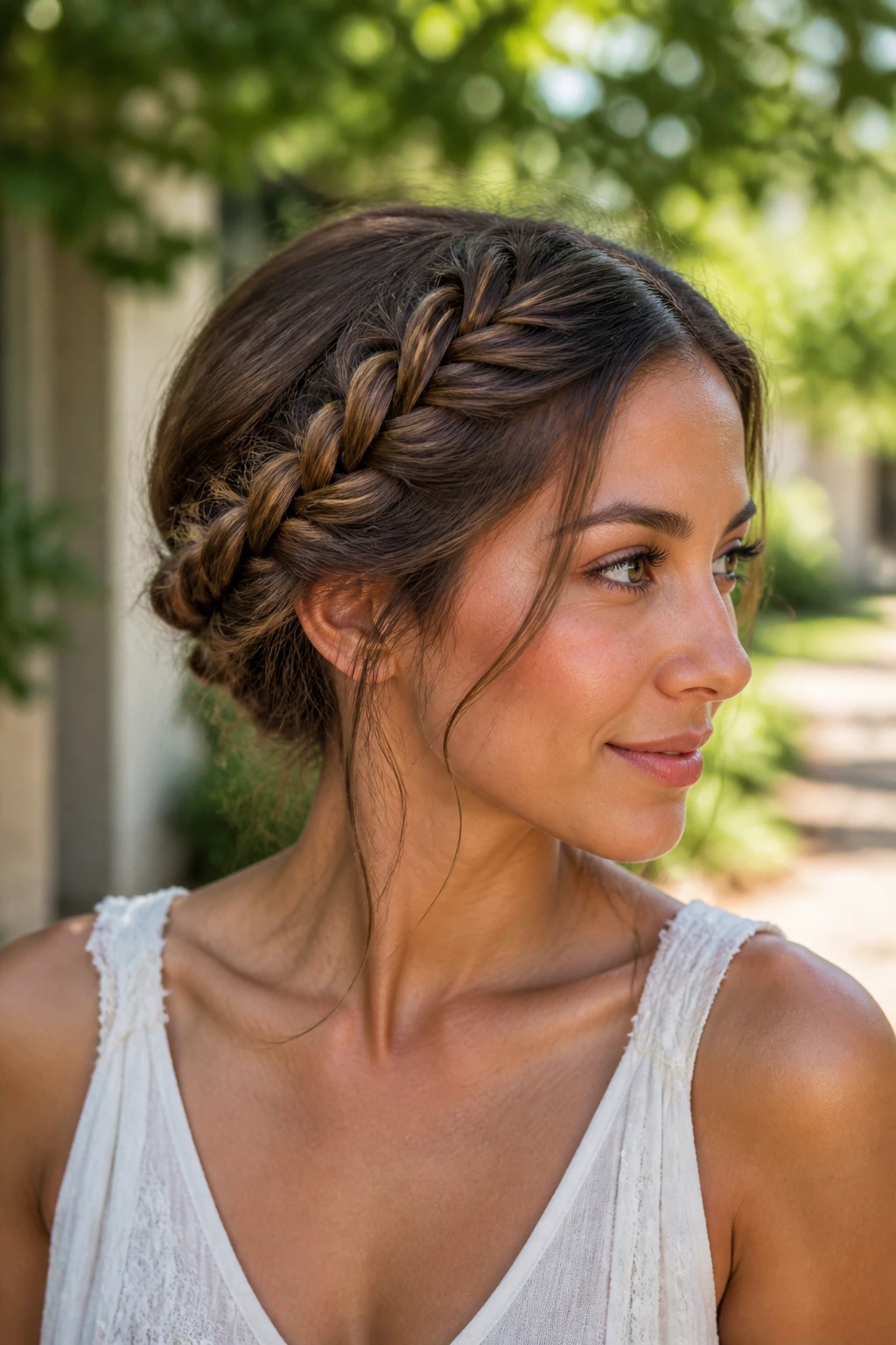 Close-up of real woman with two loose milkmaid side braids pinned at back