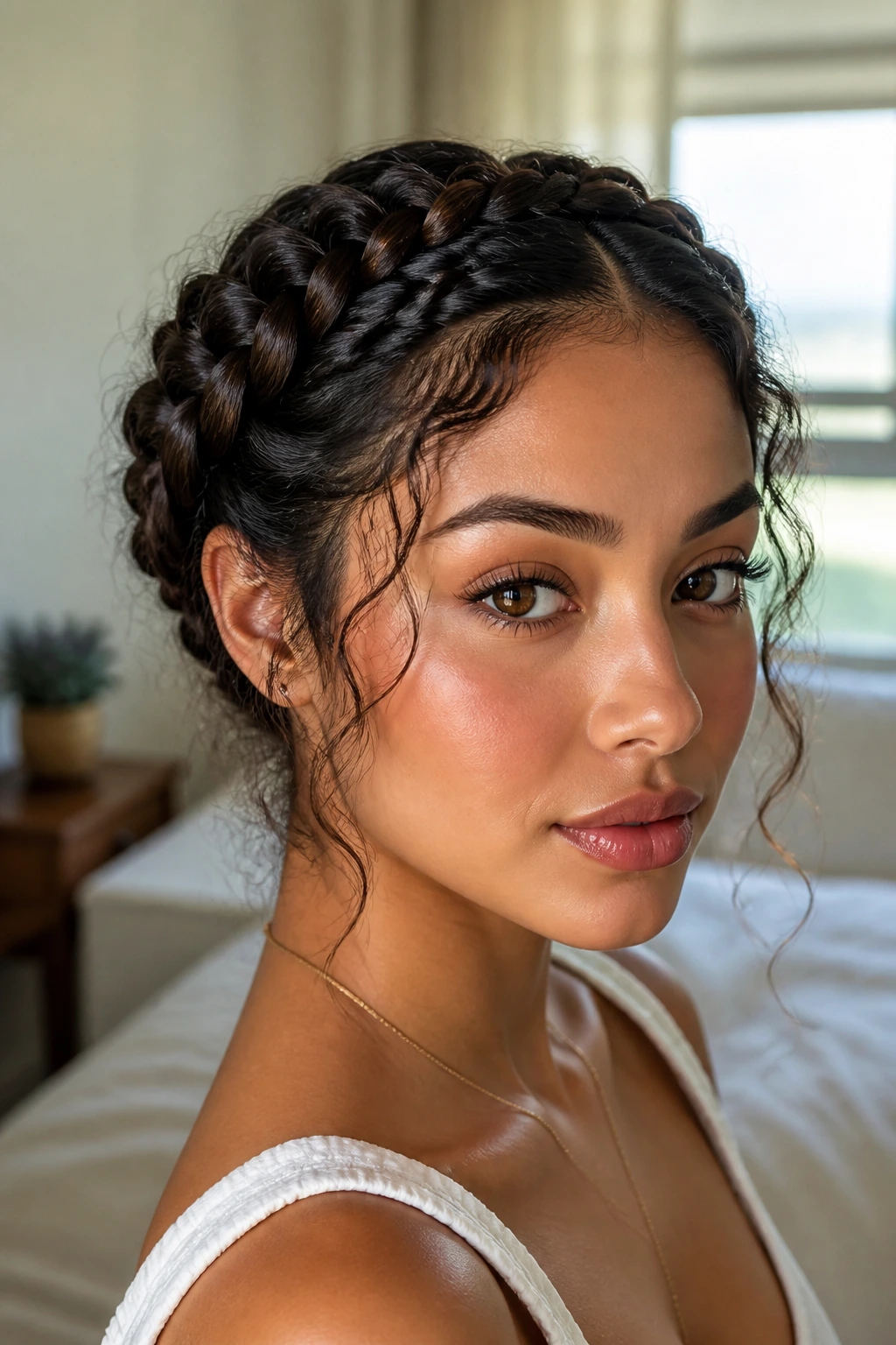 Close-up of a real woman with milkmaid braids over the crown and soft edges.