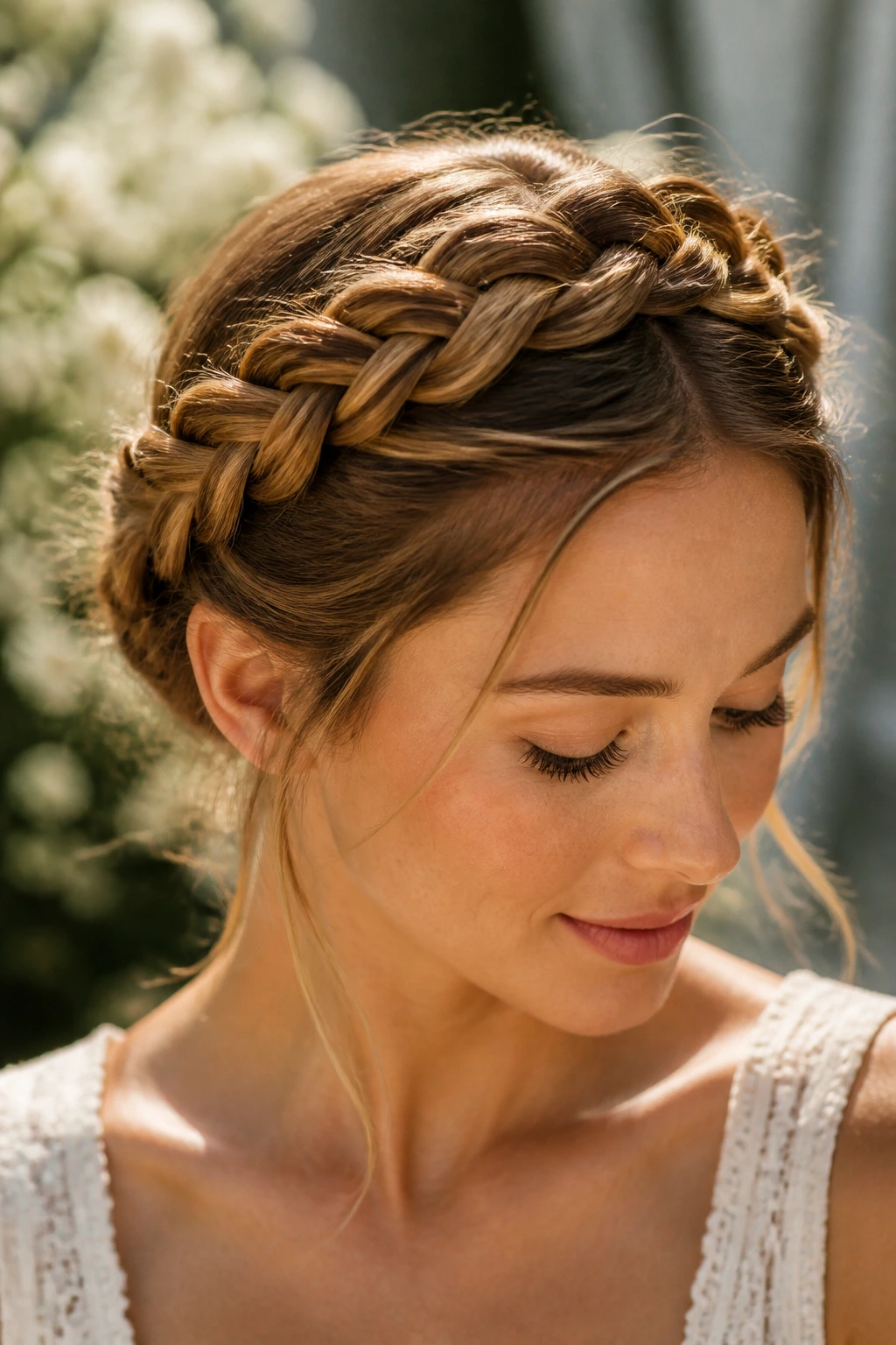 Portrait of a real woman with milkmaid crown braids around the head