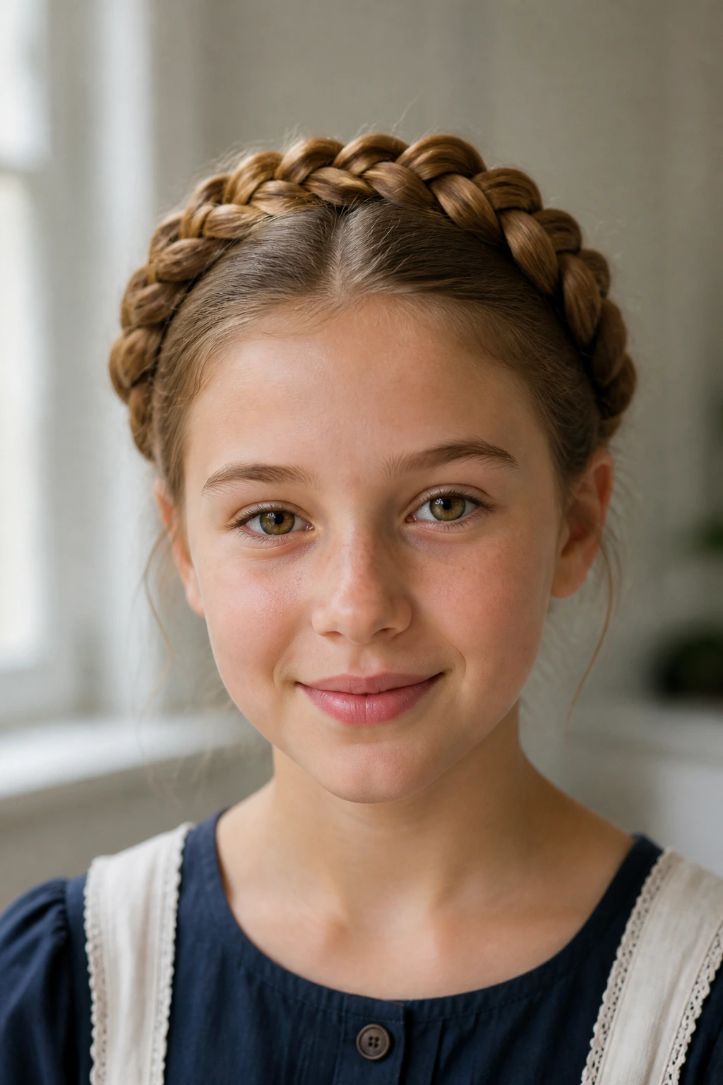 Front portrait of a real person wearing a milkmaid crown with two braids across the top.