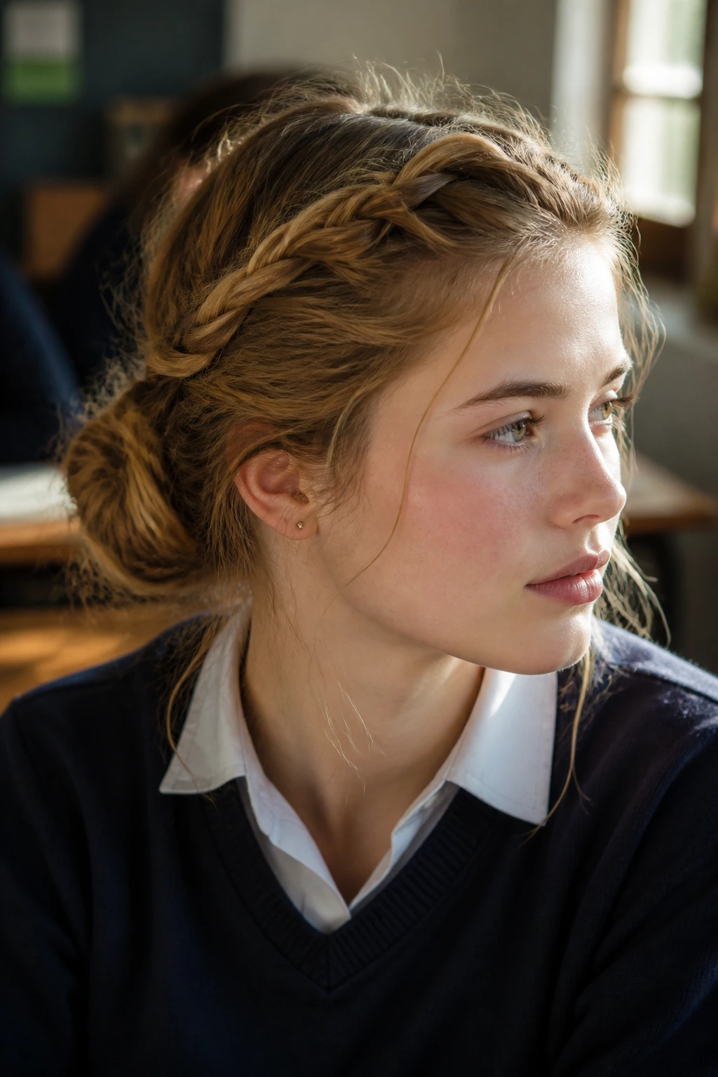 Close-up of a student wearing a half-pulled milkmaid crown hairstyle in a sunlit classroom
