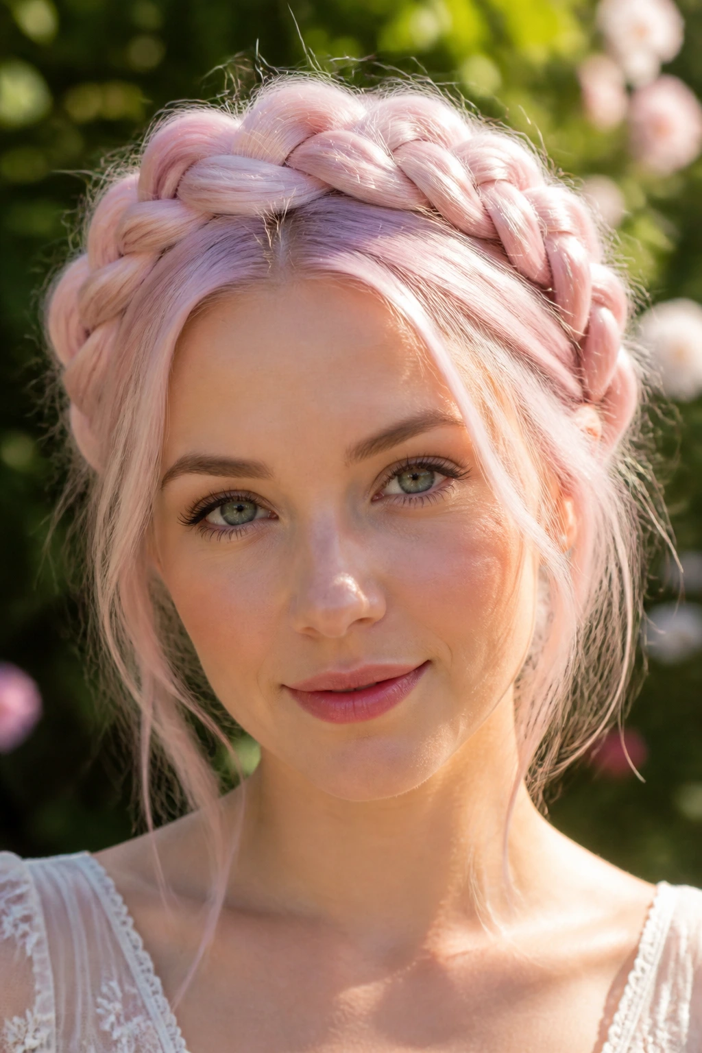 Close-up of real woman wearing milky pink braided milkmaid crown in garden light