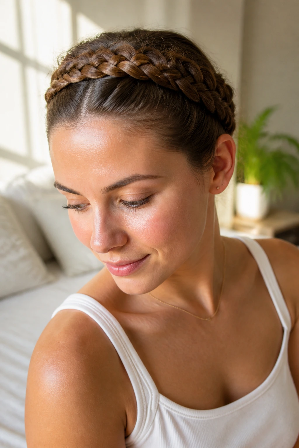 Close-up of a woman wearing milkmaid-style front braids across the crown in a sunlit room.