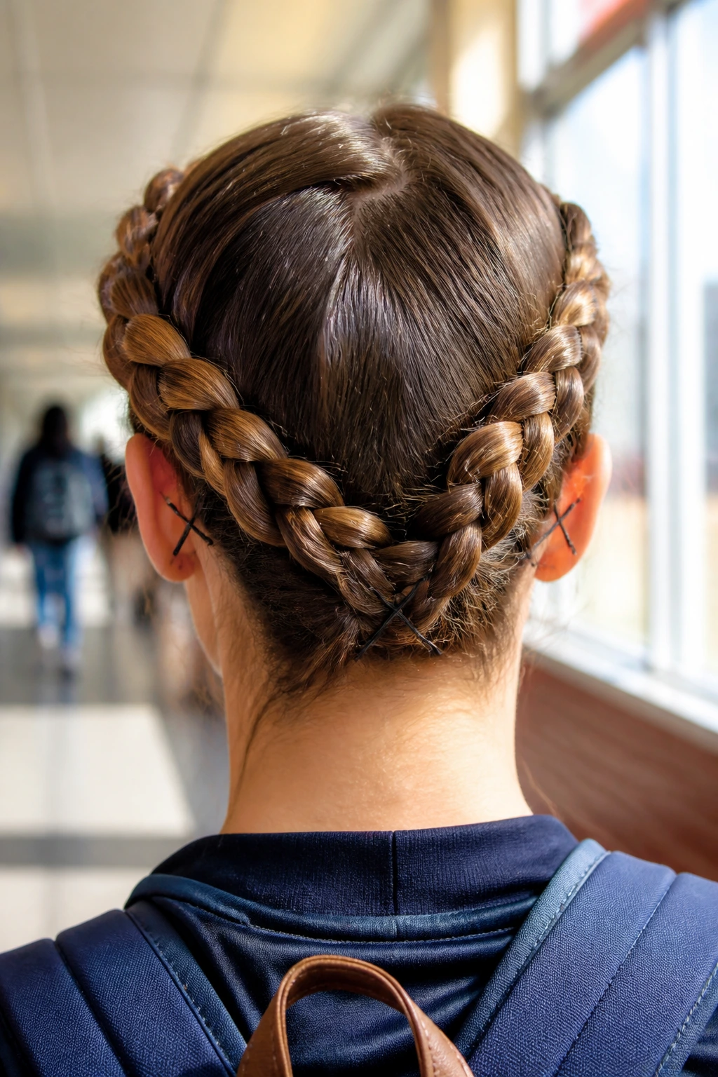 Back view of student with milkmaid braids secured by hidden criss-cross pins at nape and behind ears.
